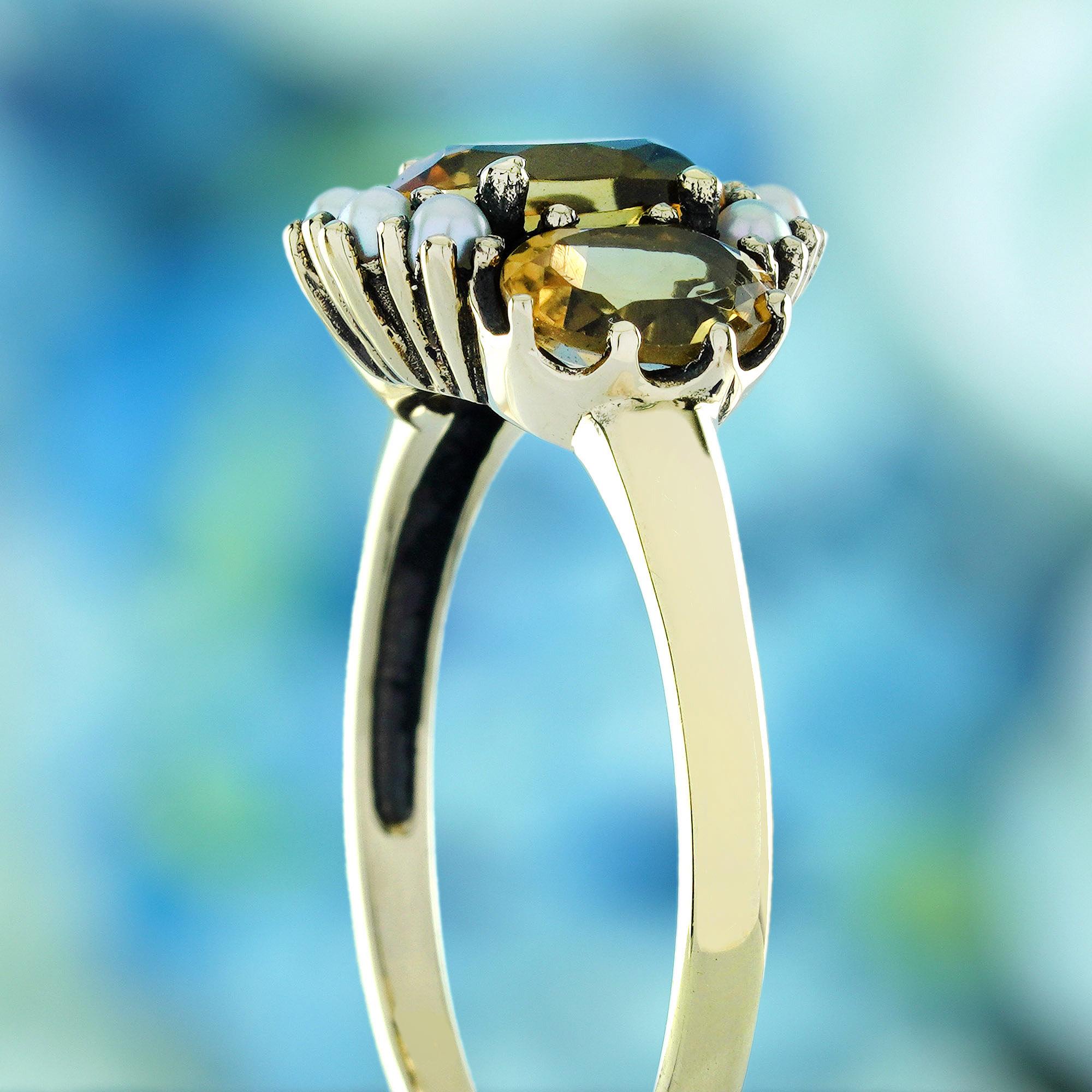 Citrin und Perle Vintage-Ring aus massivem 9K Gelbgold mit drei Steinen im Vintage-Stil Damen im Angebot