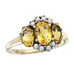 Citrin und Perle Vintage-Ring aus massivem 9K Gelbgold mit drei Steinen im Vintage-Stil