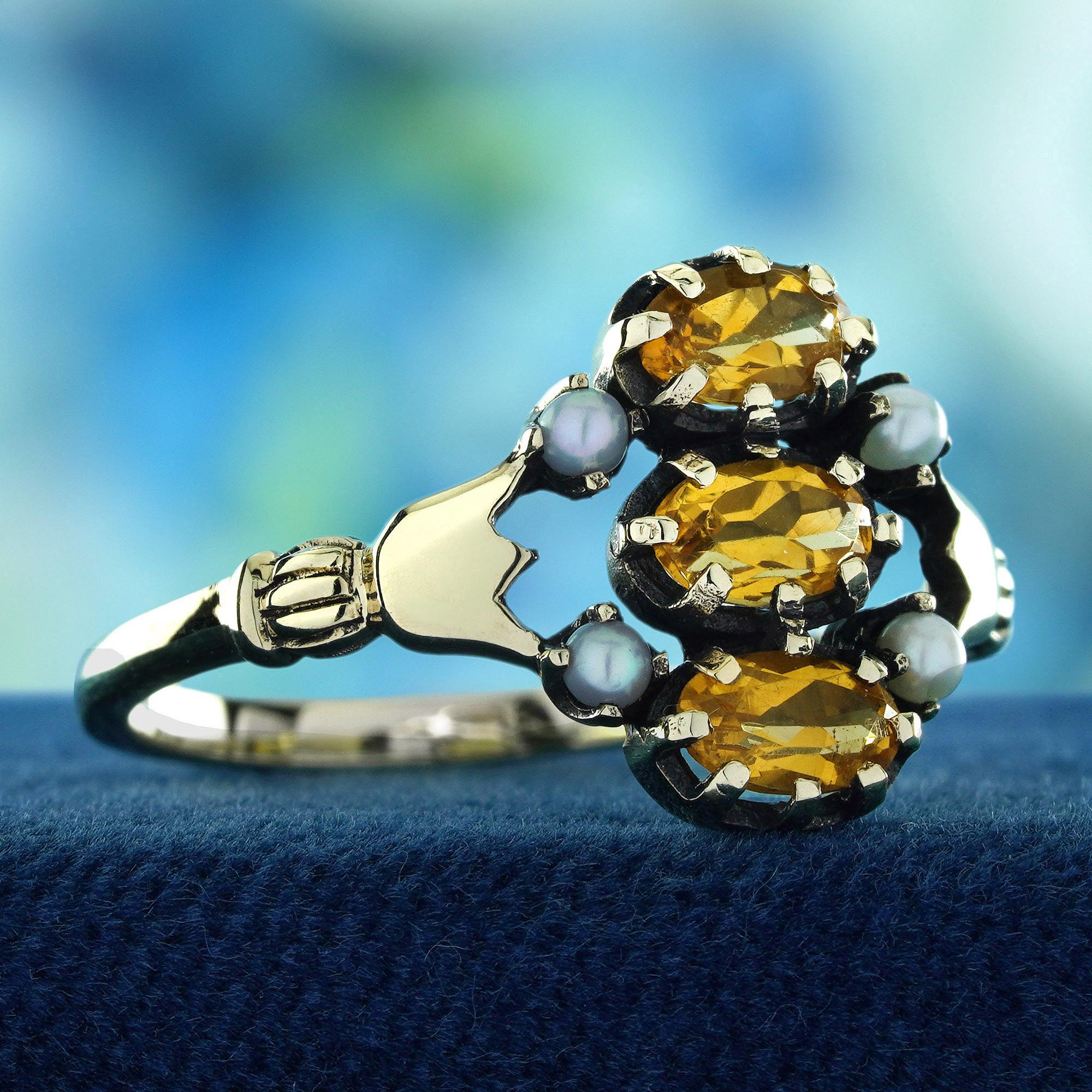 Victorian Citrine and Pearl Vintage Style Three Stones Ring in Solid 9K Yellow Gold For Sale