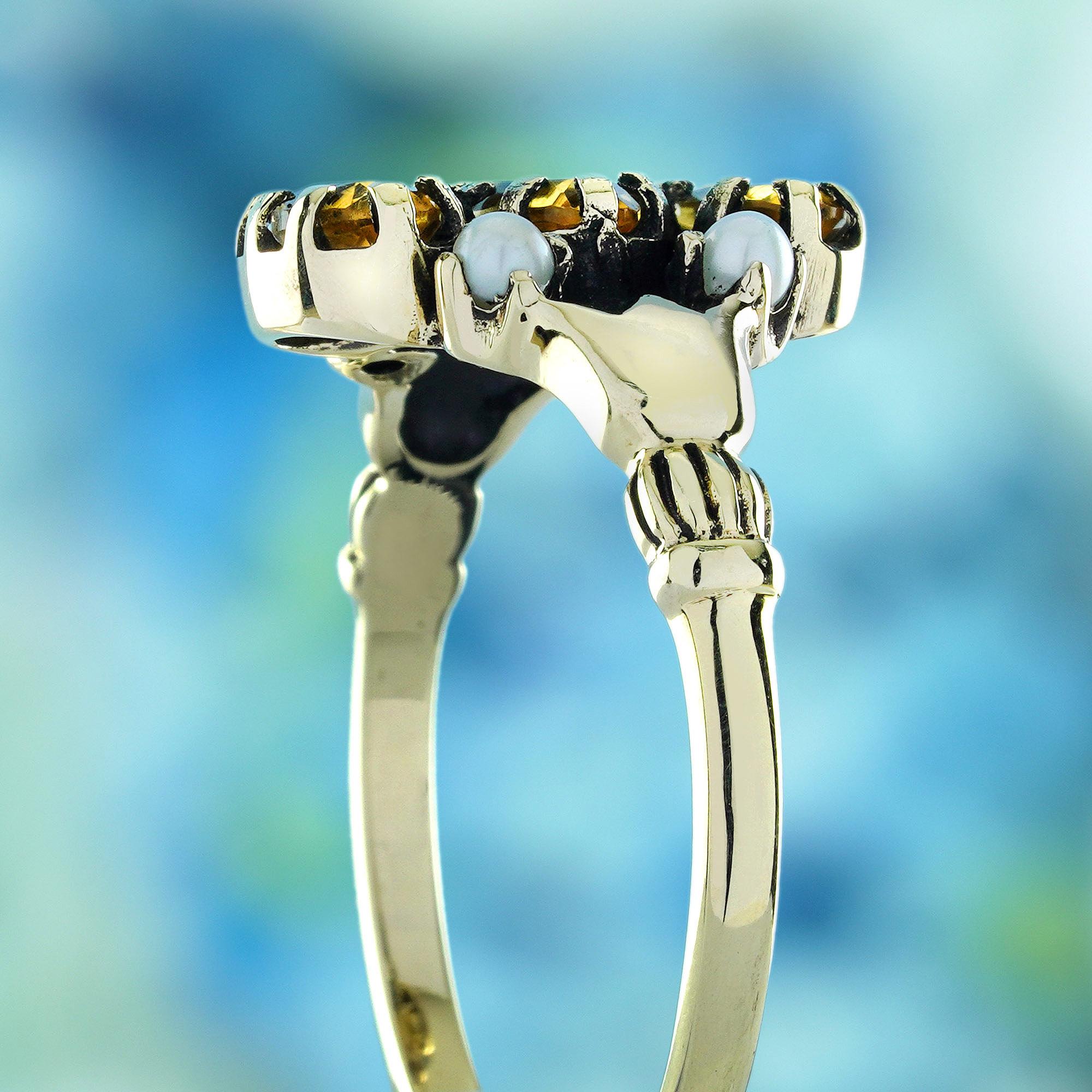 Women's Citrine and Pearl Vintage Style Three Stones Ring in Solid 9K Yellow Gold For Sale