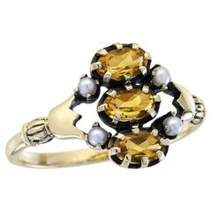 Citrine and Pearl Vintage Style Three Stones Ring in Solid 9K Yellow Gold