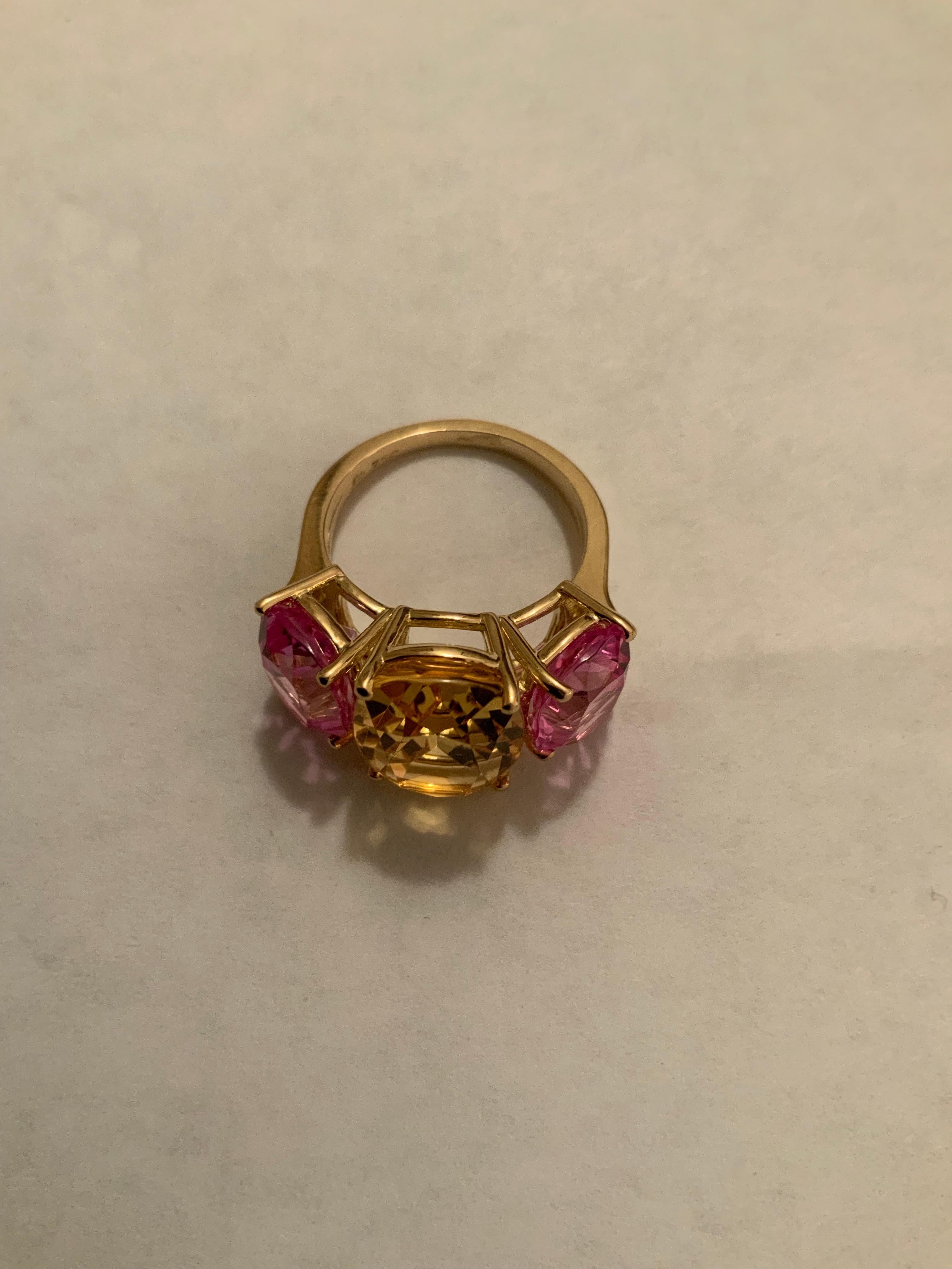 Dreisteiniger Kissenring aus Gelbgold mit Citrin und rosa Topas im Angebot 6