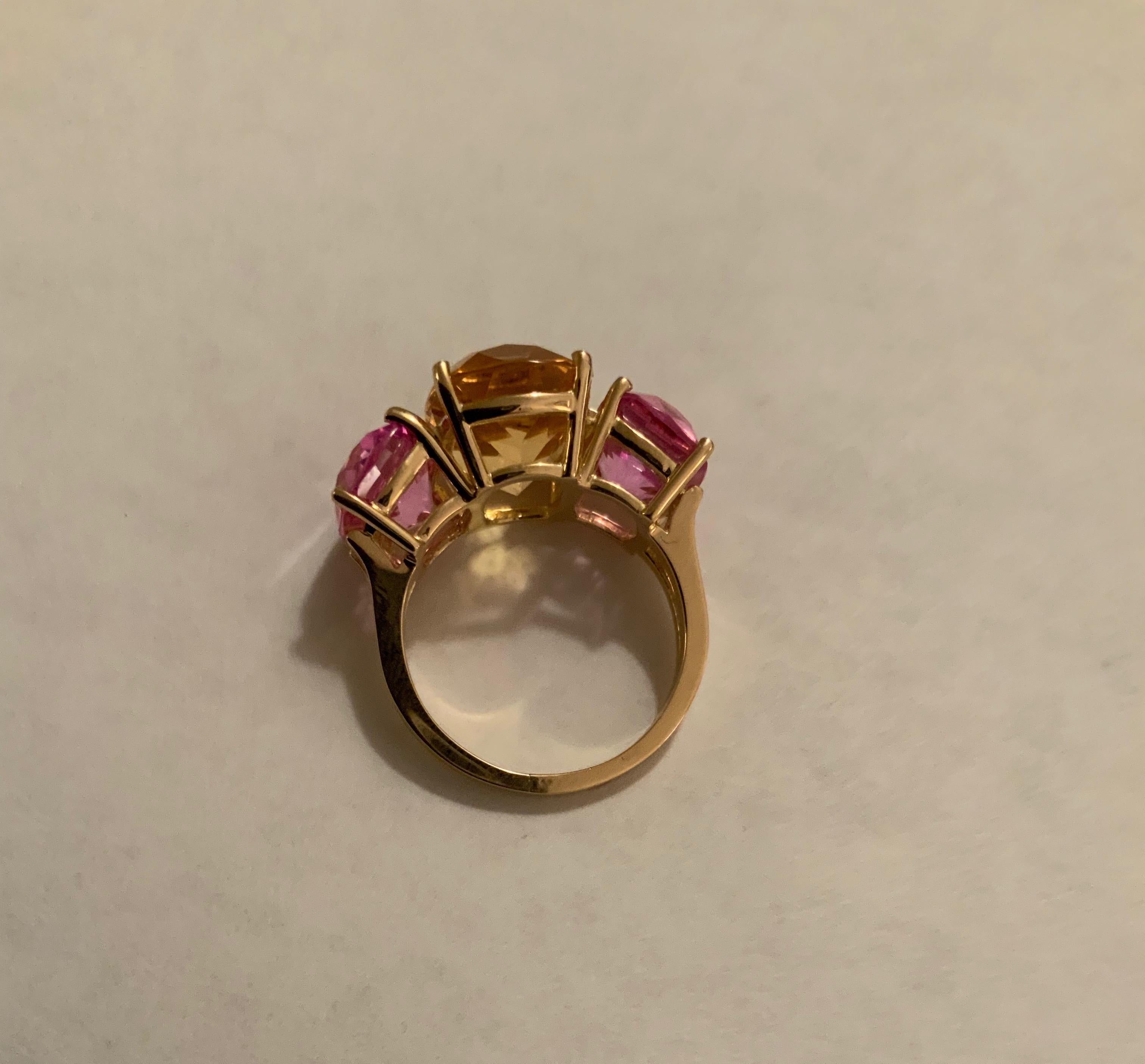 Citrine and Pink Topaz Yellow Gold Three-Stone Cushion Ring For Sale 5