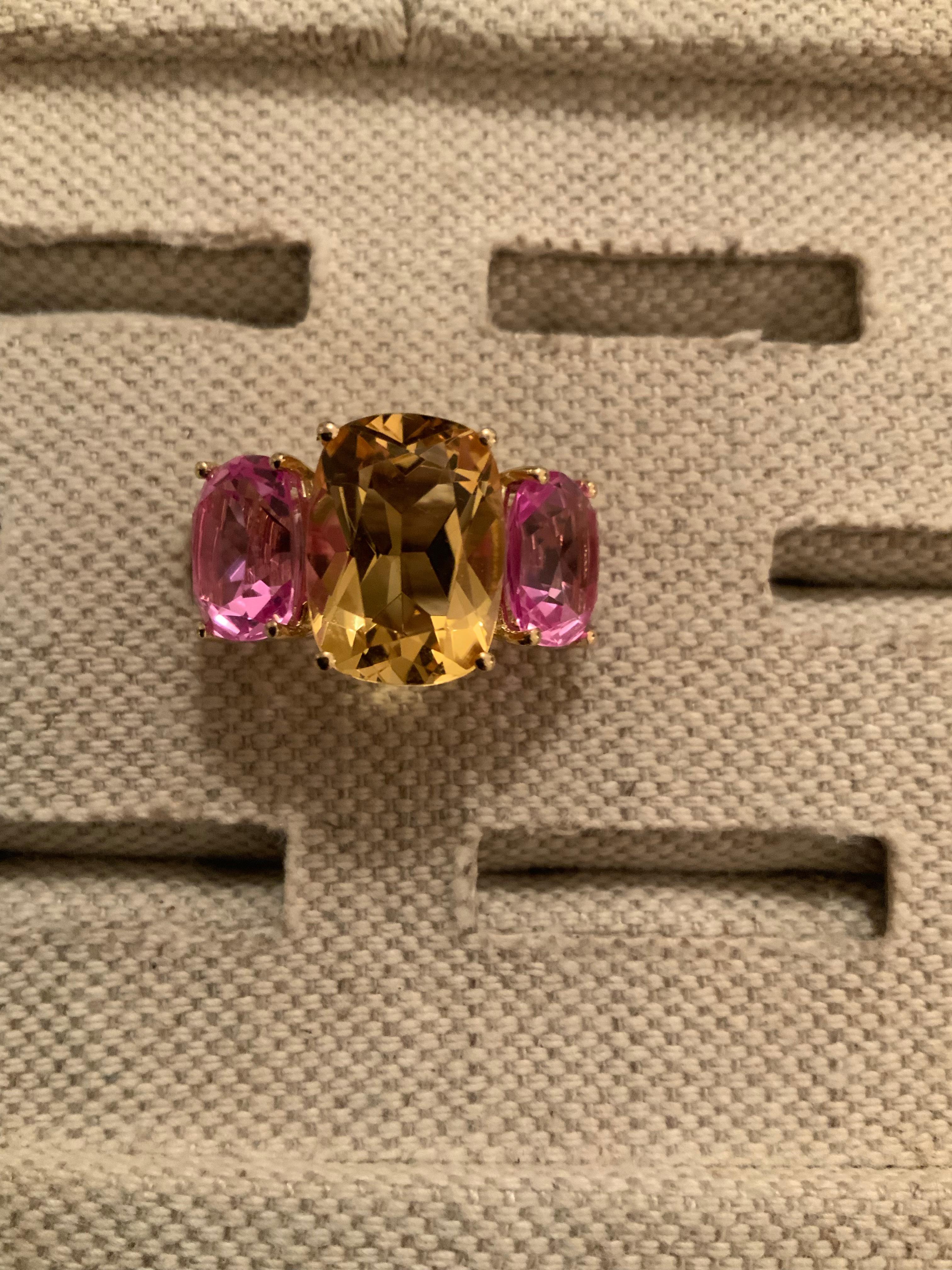 Citrine and Pink Topaz Yellow Gold Three-Stone Cushion Ring For Sale 6