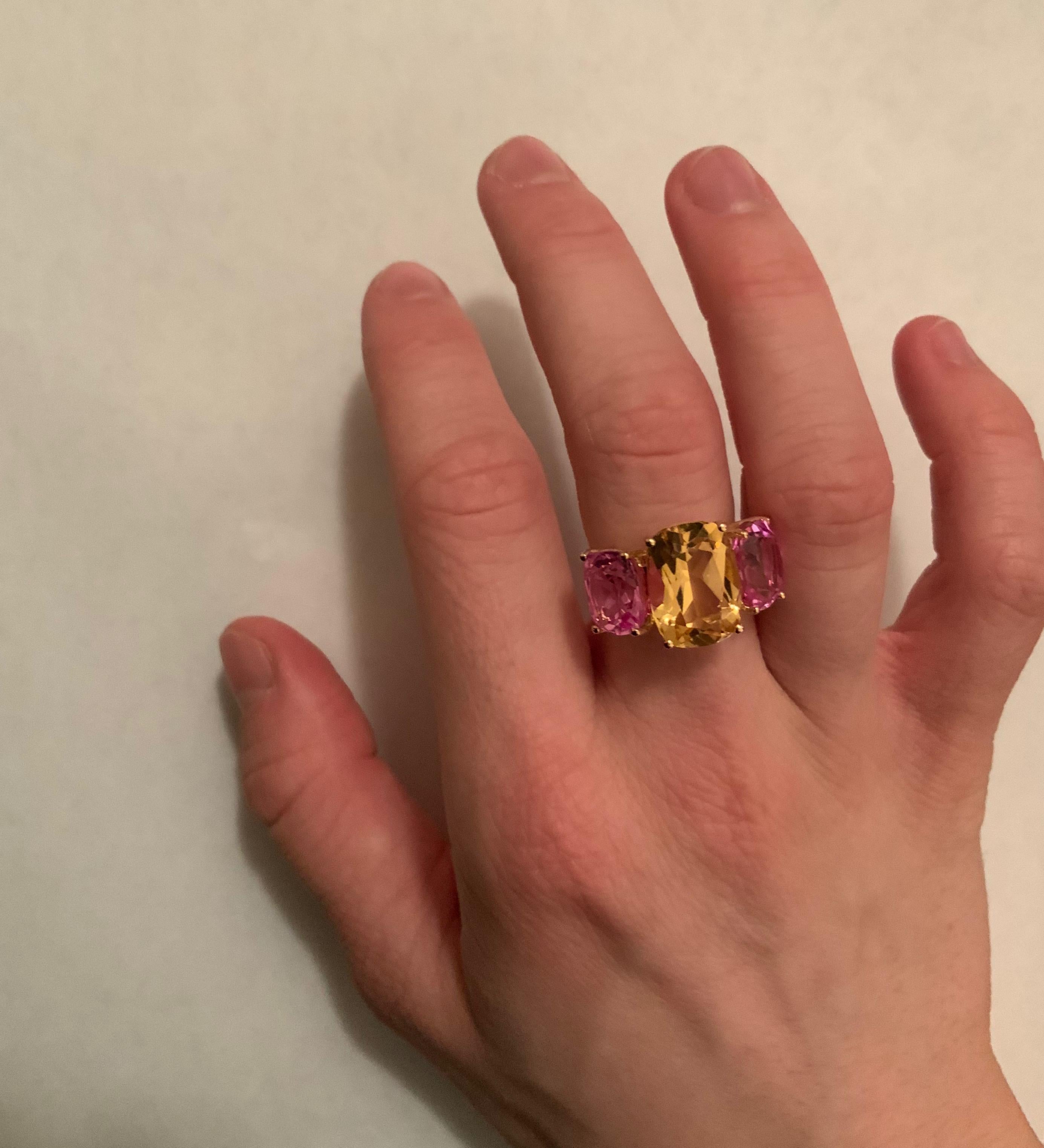 Citrine and Pink Topaz Yellow Gold Three-Stone Cushion Ring For Sale 7