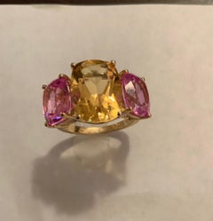 Citrine and Pink Topaz Yellow Gold Three-Stone Cushion Ring