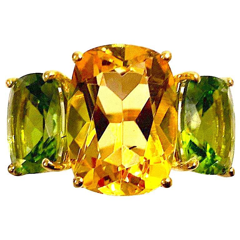 Citrine and Peridot Yellow Gold Three-Stone Cushion Ring For Sale