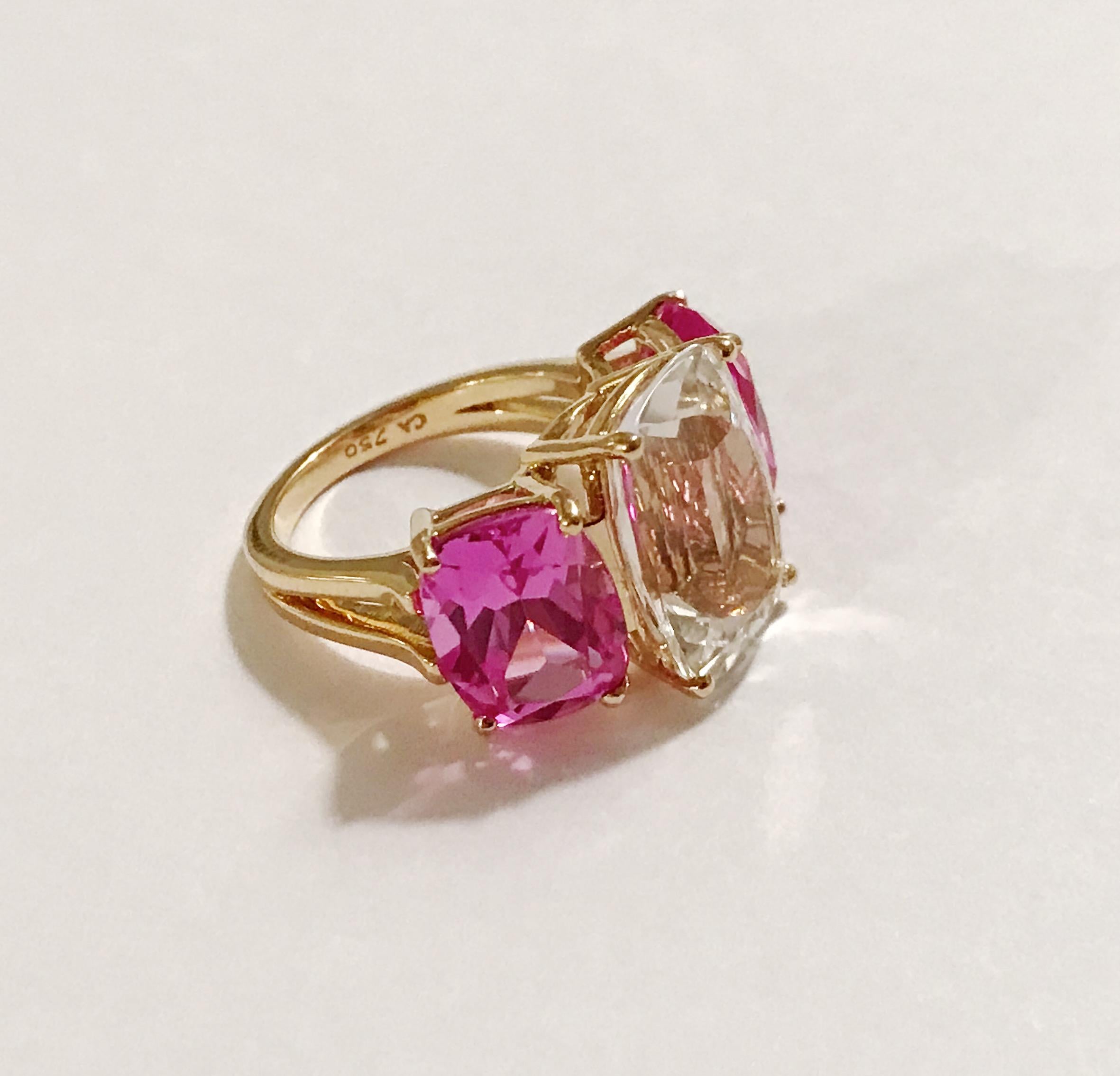 Women's Citrine and Pink Topaz Yellow Gold Three-Stone Cushion Ring For Sale