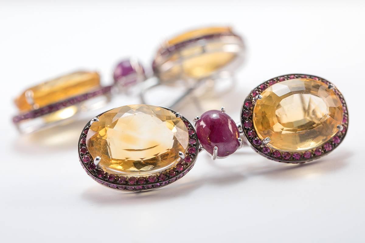 Oval Cut Citrine and Ruby 18 Karat Gold Drop Earrings For Sale