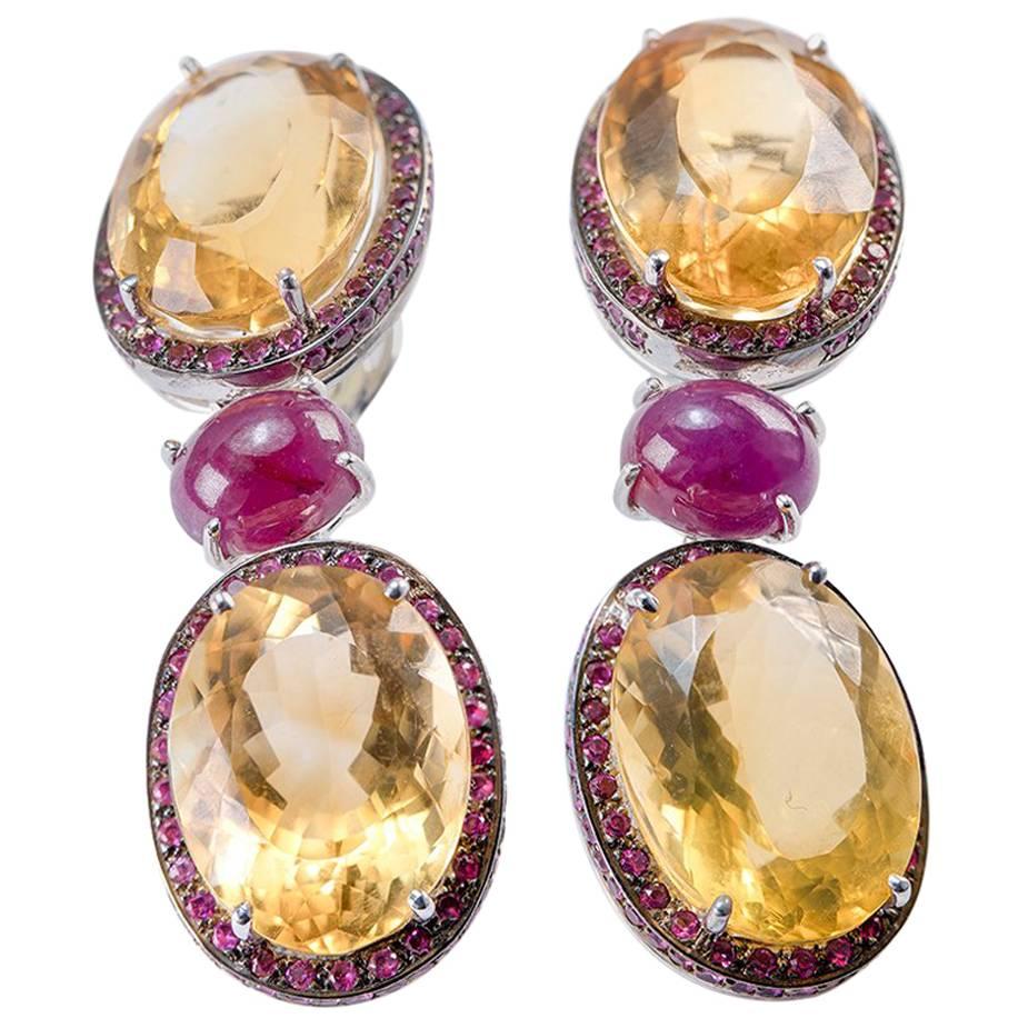 Citrine and Ruby 18 Karat Gold Drop Earrings For Sale