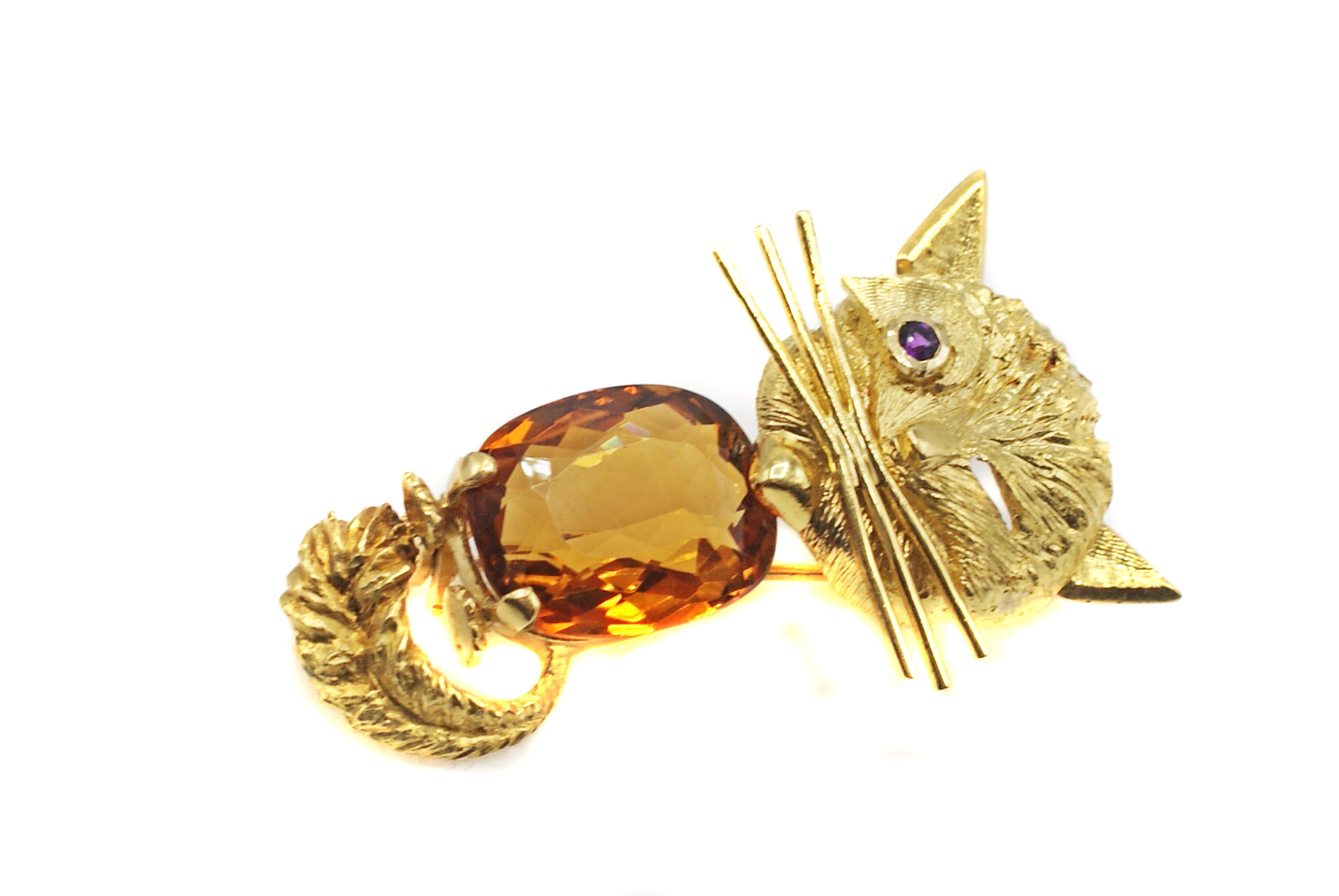 Women's or Men's Citrine and Ruby 18 Karat Gold Whimsical Cat Brooch
