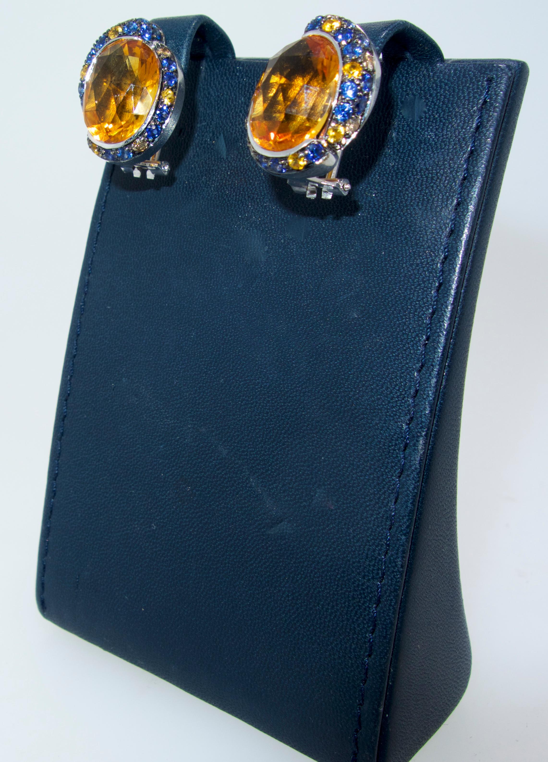 Modern Madeira Citrine and Sapphire  18K Earrings