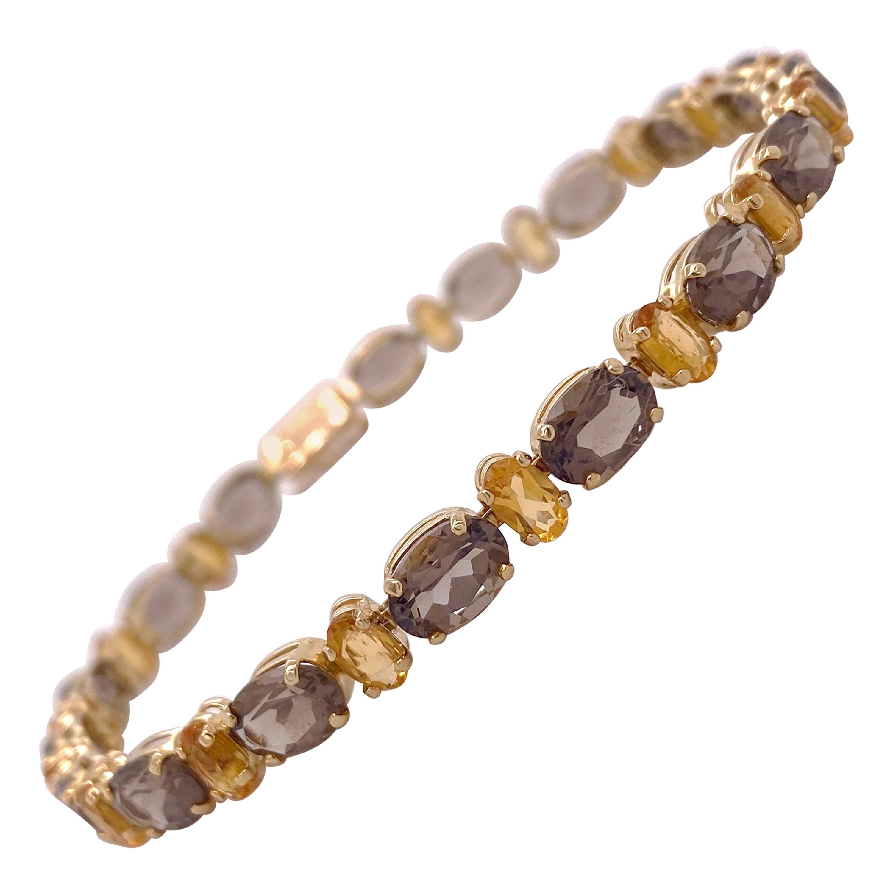 Citrine and Smokey Quartz Tennis Bracelet, Creative Style in Yellow Gold For Sale