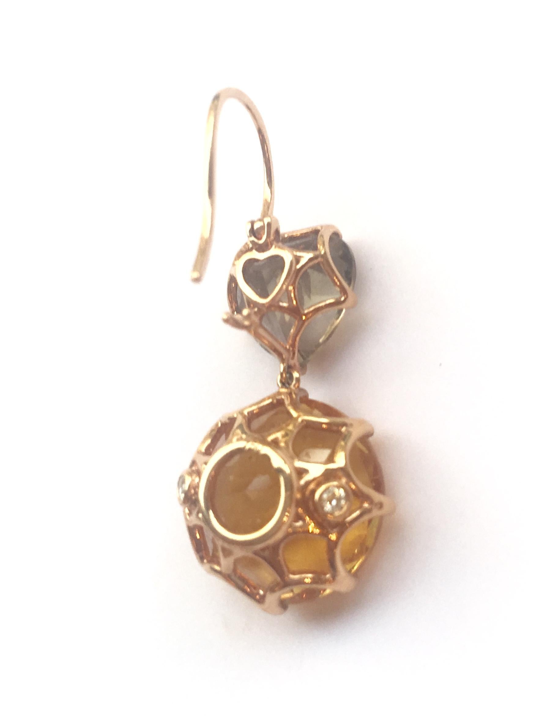 Citrine and Smoky Quartz Heart 18 Karat Yellow Gold Earrings Drops In New Condition In Paris, FR