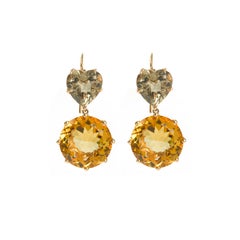 Citrine and Smoky Quartz Heart 18 Karat Yellow Gold Earrings Drops