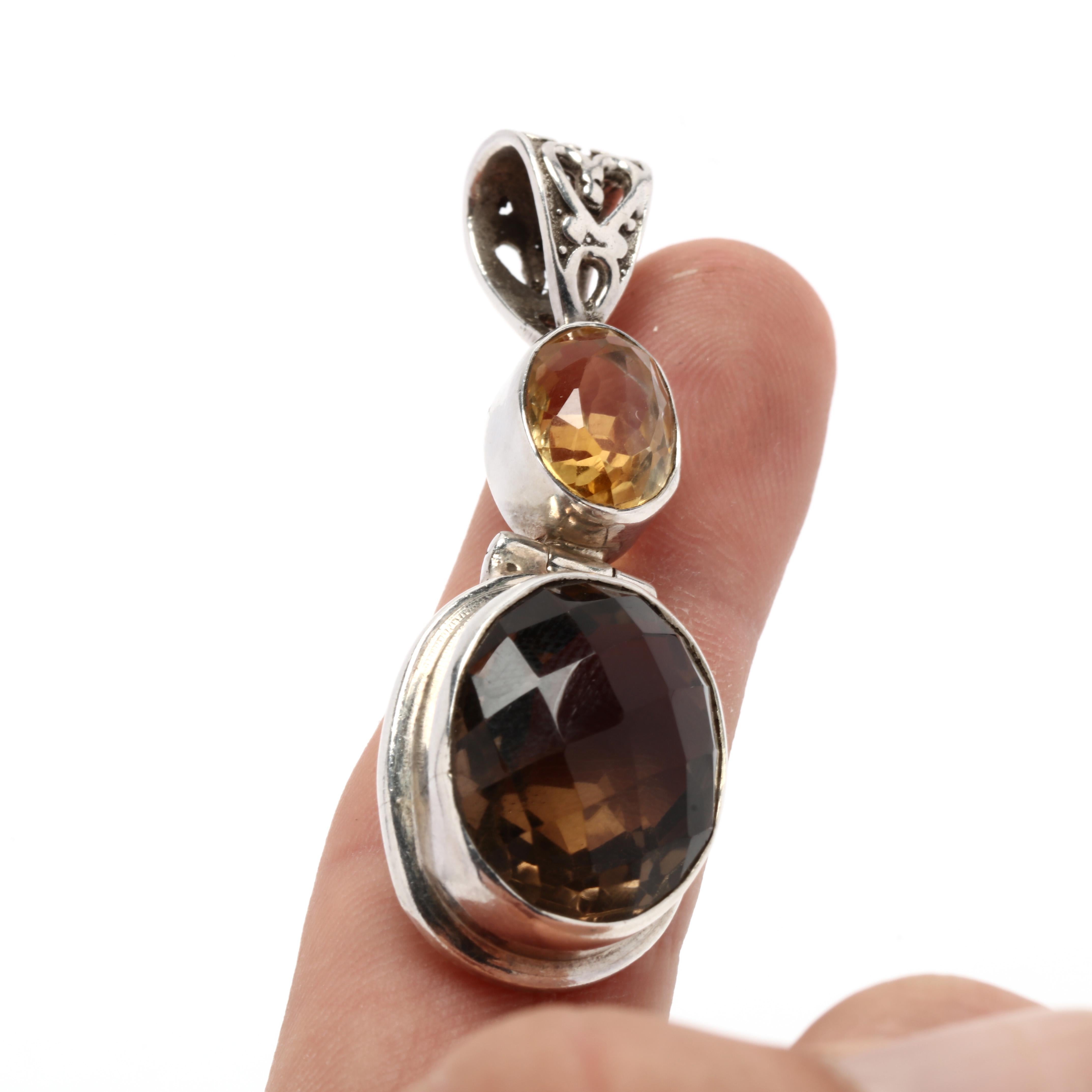 Oval Cut Citrine and Smoky Quartz Pendant, Sterling Silver, Gemset Pendant For Sale