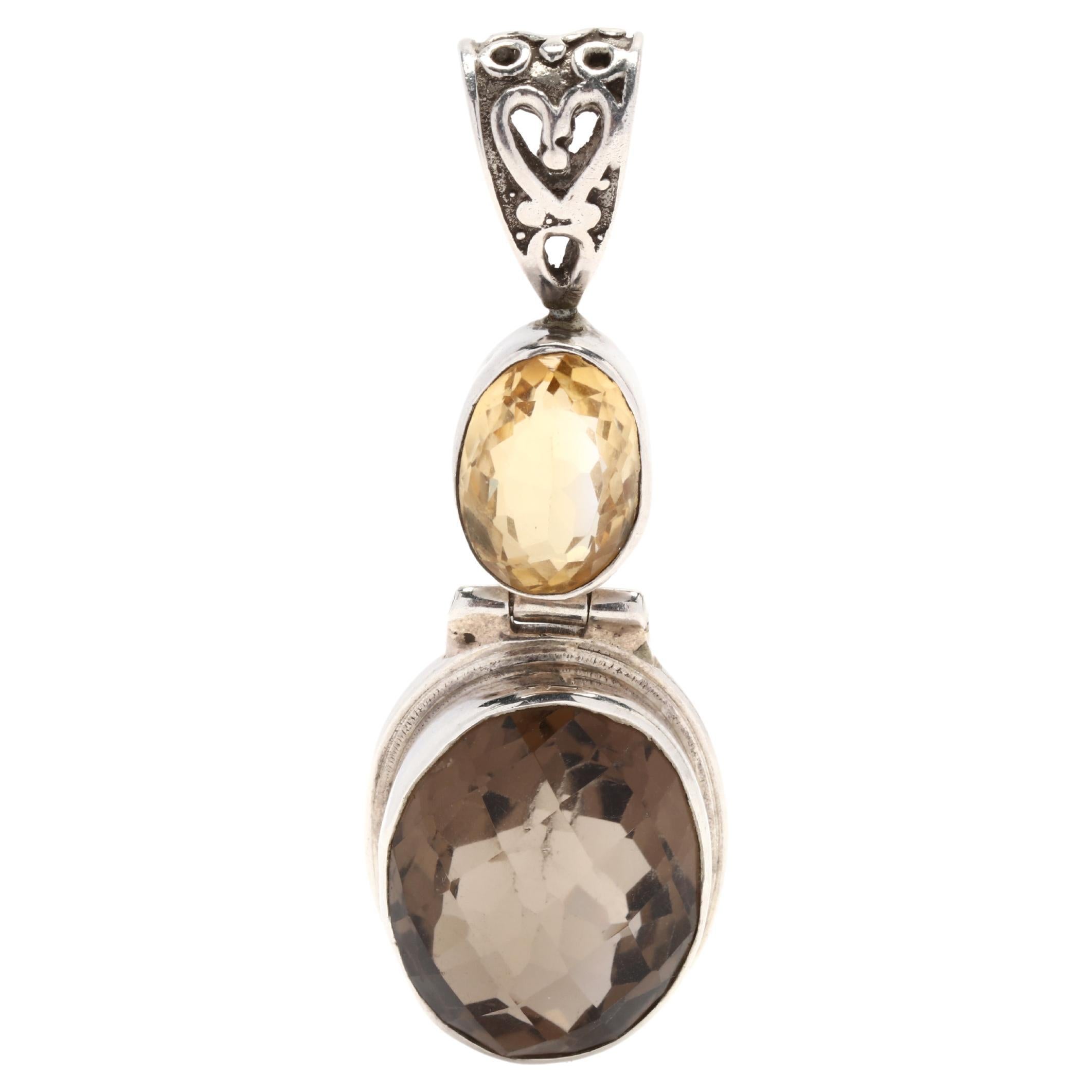 Citrine and Smoky Quartz Pendant, Sterling Silver, Gemset Pendant For Sale