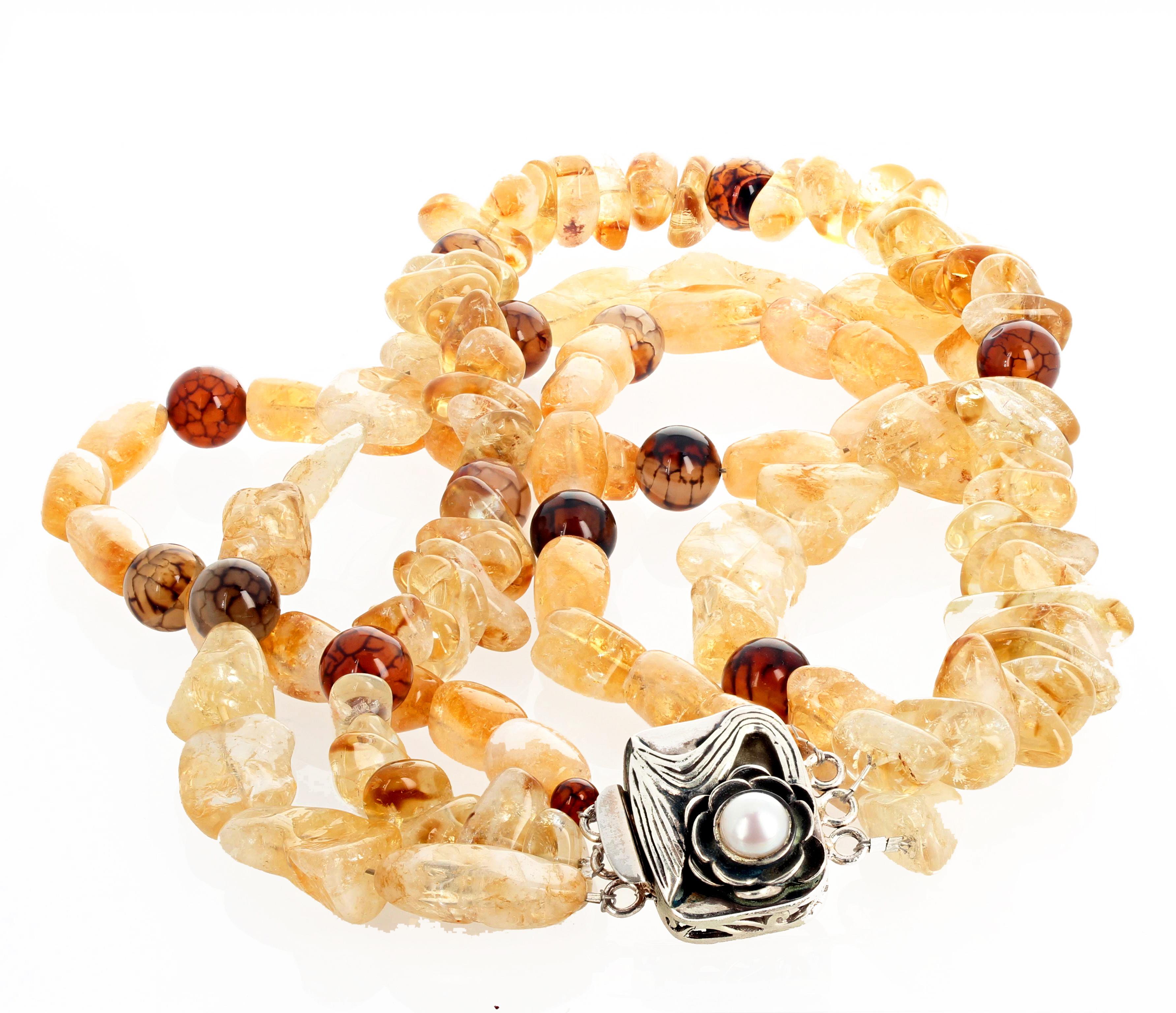 Custom made, glowing, elegant 18.5 inch triple strand necklace of highly polished natural Citrine rocks and round rare natural Spider Web Jasper. This versatile necklace can be worn with each strand freely hanging to best appreciate the Citrines and