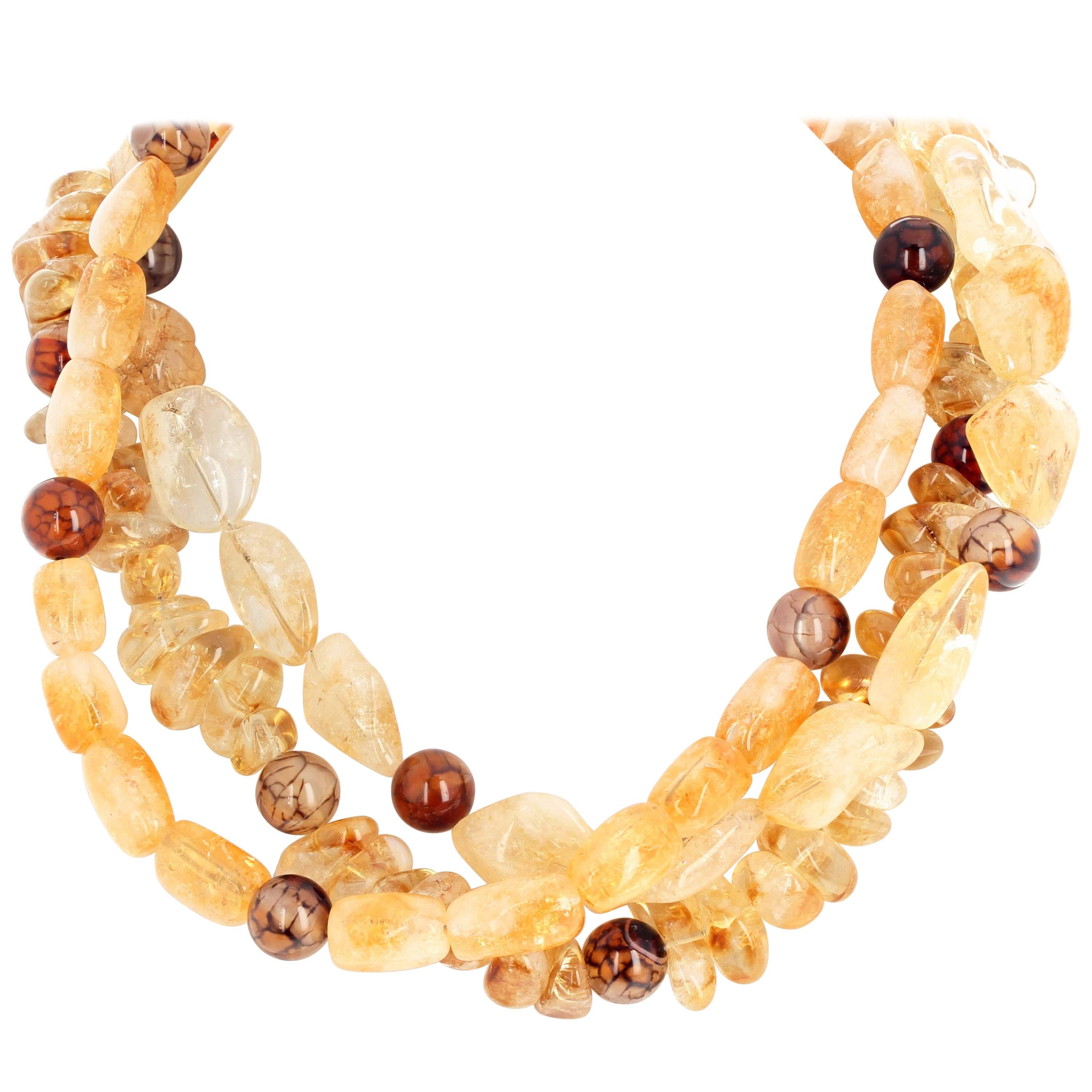 Dreireihige Halskette aus poliertem gelbem Citrin mit Felsen und Spinnenweb- Jaspis von JD