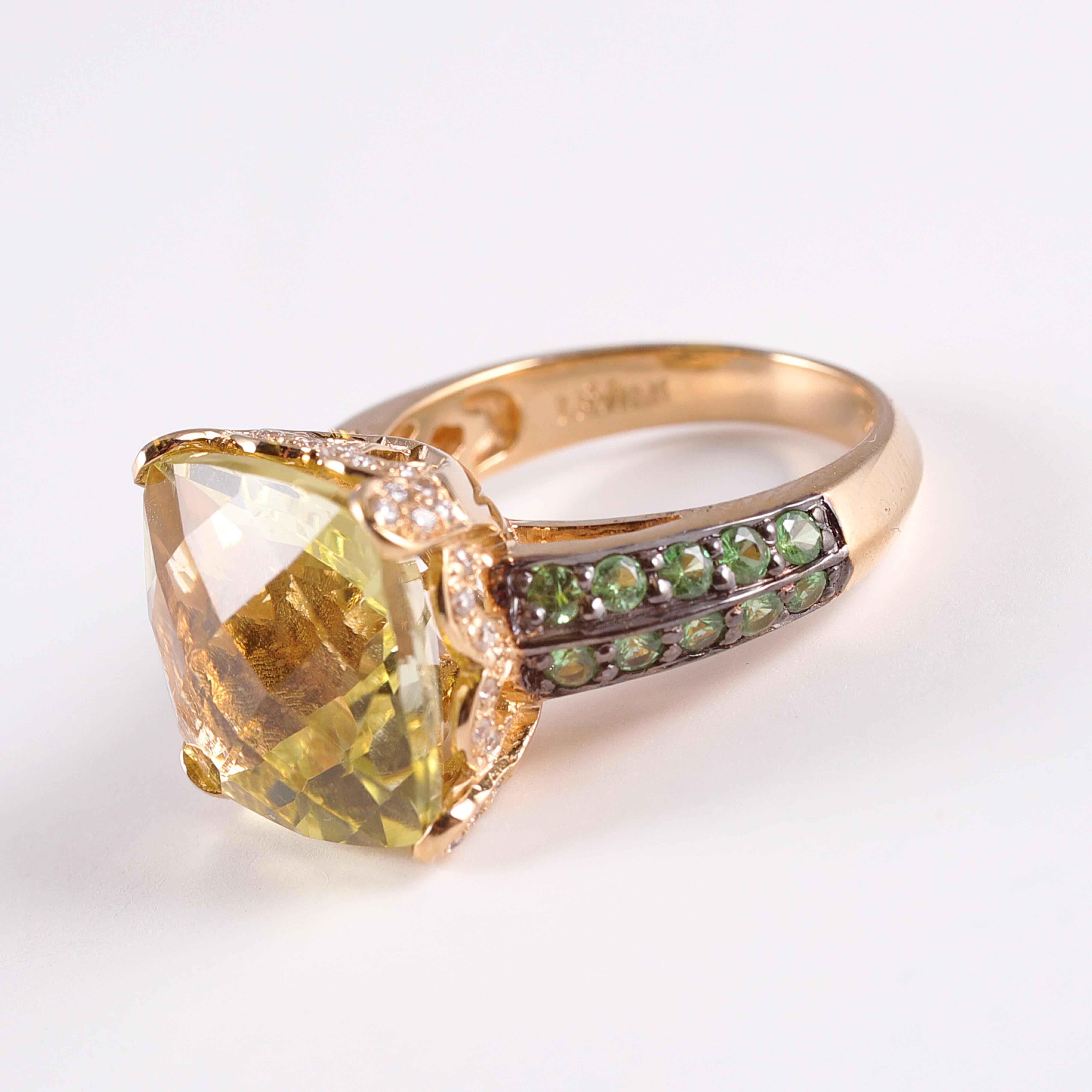LeVian cushion cut citrine accented by tsavorites and diamonds set in 18 karat yellow gold. Size 7.