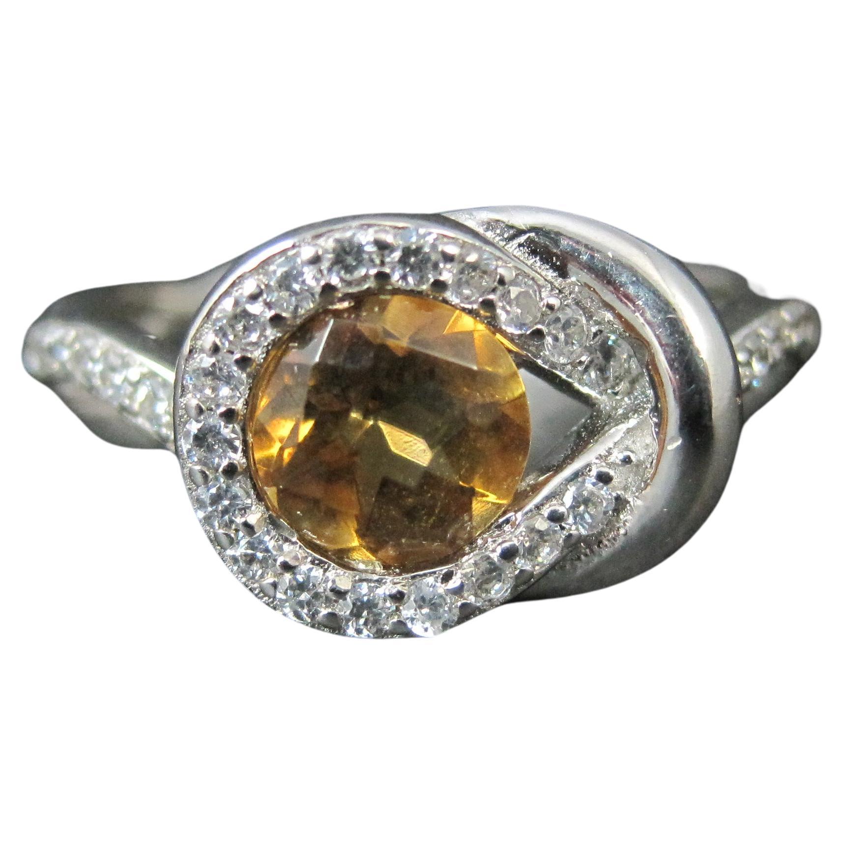 Citrine and White Zircon Ring in Sterling Silver Size 8
