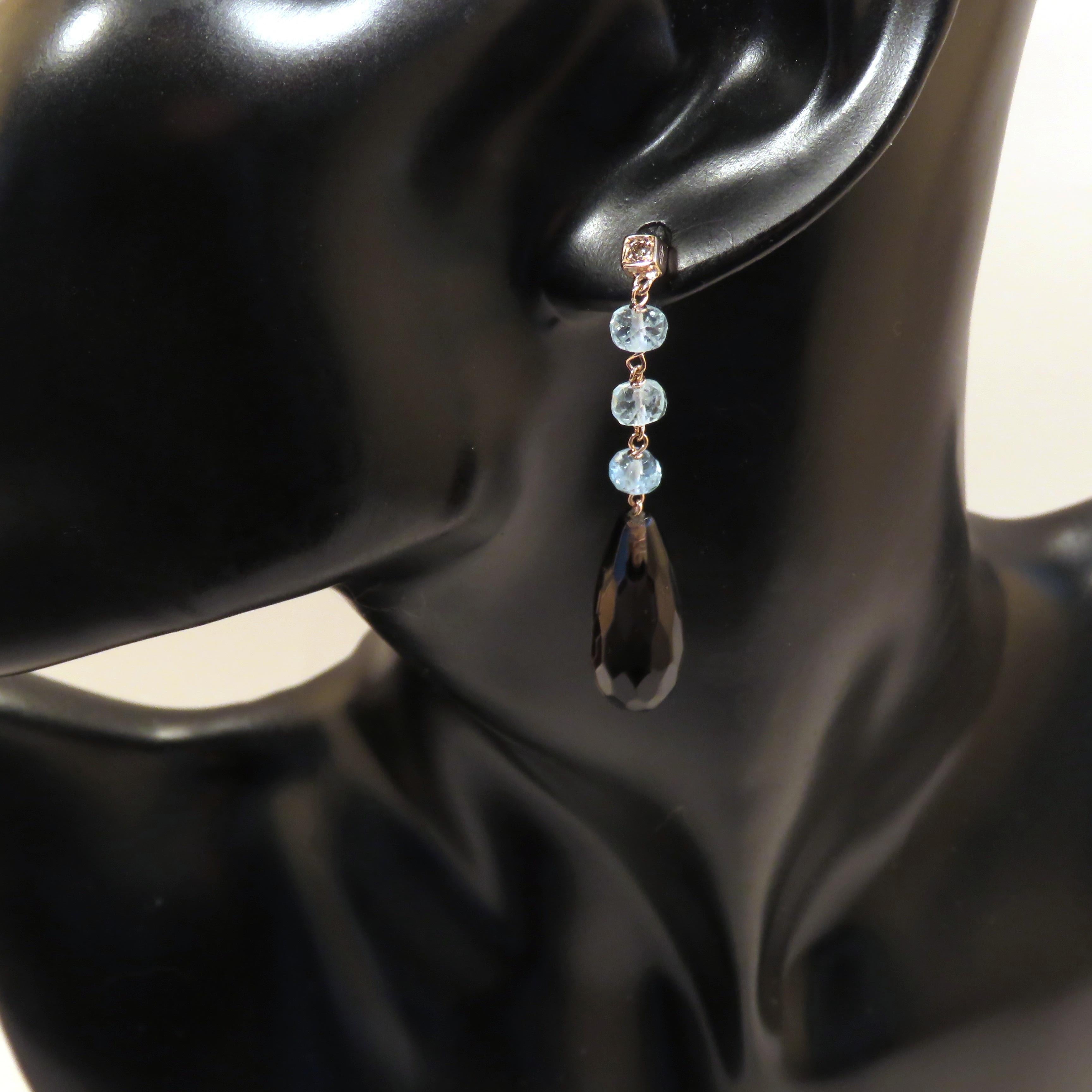 Contemporary Citrine Aquamarine Brown Diamonds 9 Karat Rose Gold Drop Dangle Earrings For Sale