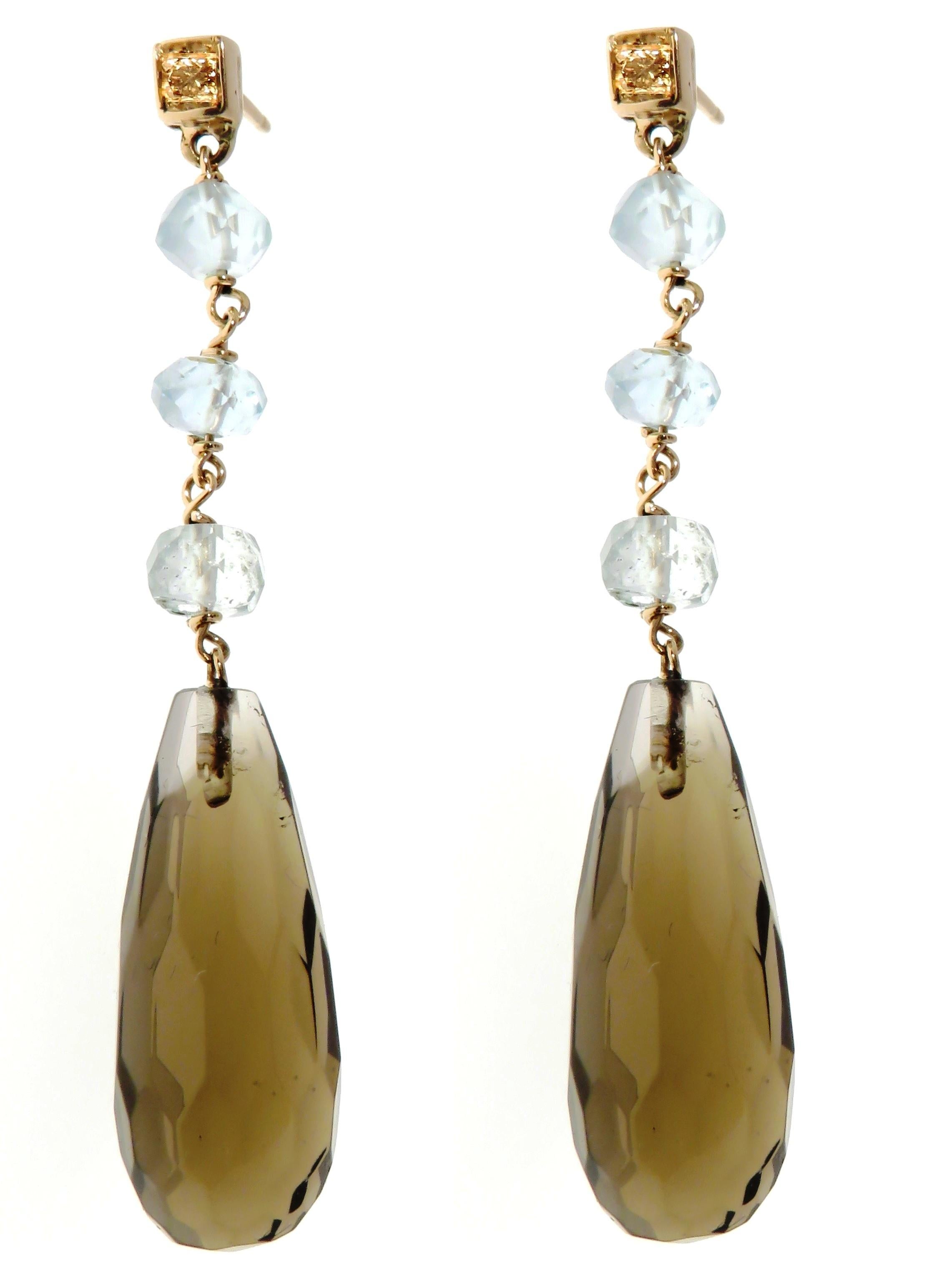 Citrine Aquamarine Brown Diamonds 9 Karat Rose Gold Drop Dangle Earrings In New Condition For Sale In Milano, IT