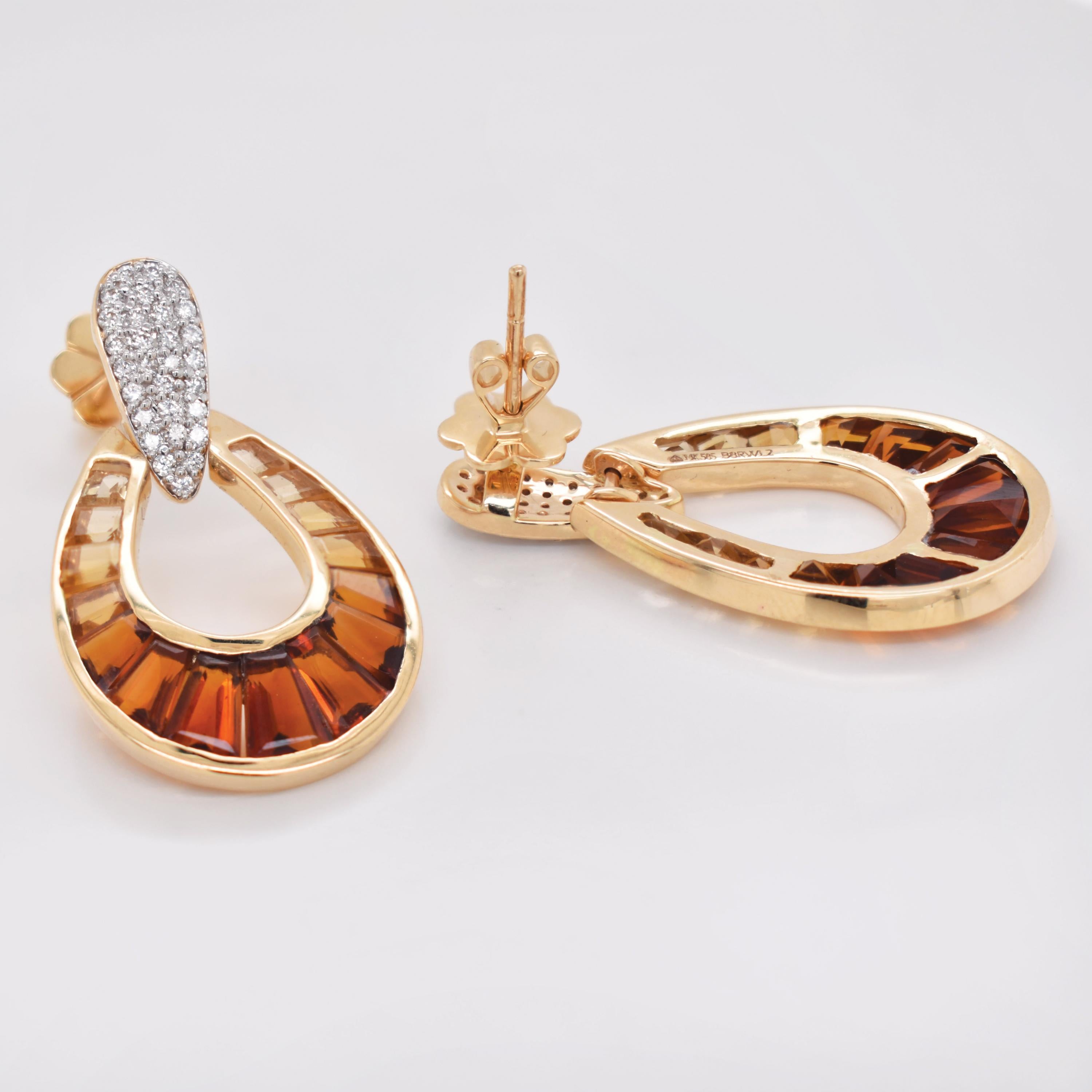 Boucles d'oreilles pendantes gouttes de pluie en or jaune avec citrine, baguette et diamant. en vente 5