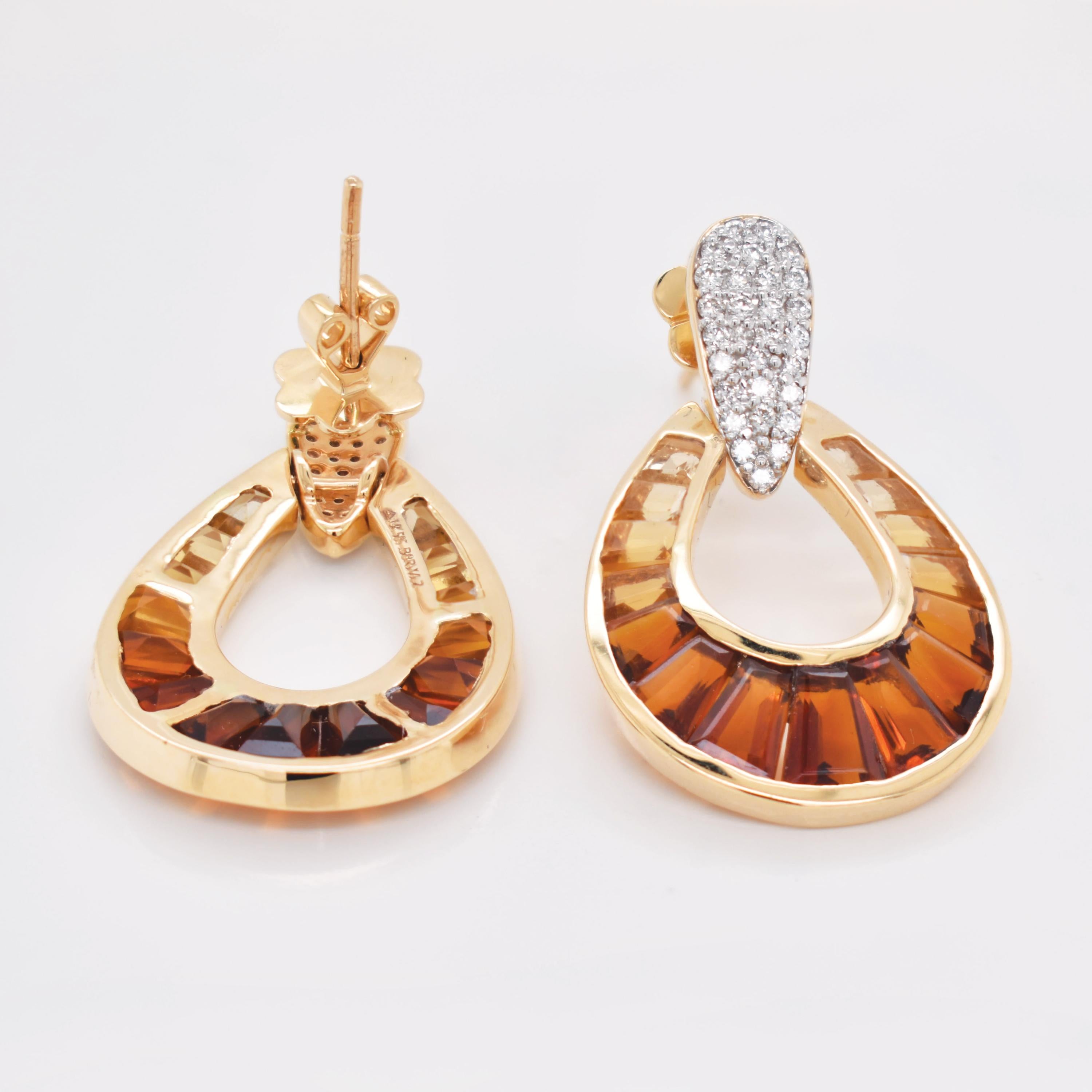 Boucles d'oreilles pendantes gouttes de pluie en or jaune avec citrine, baguette et diamant. en vente 6