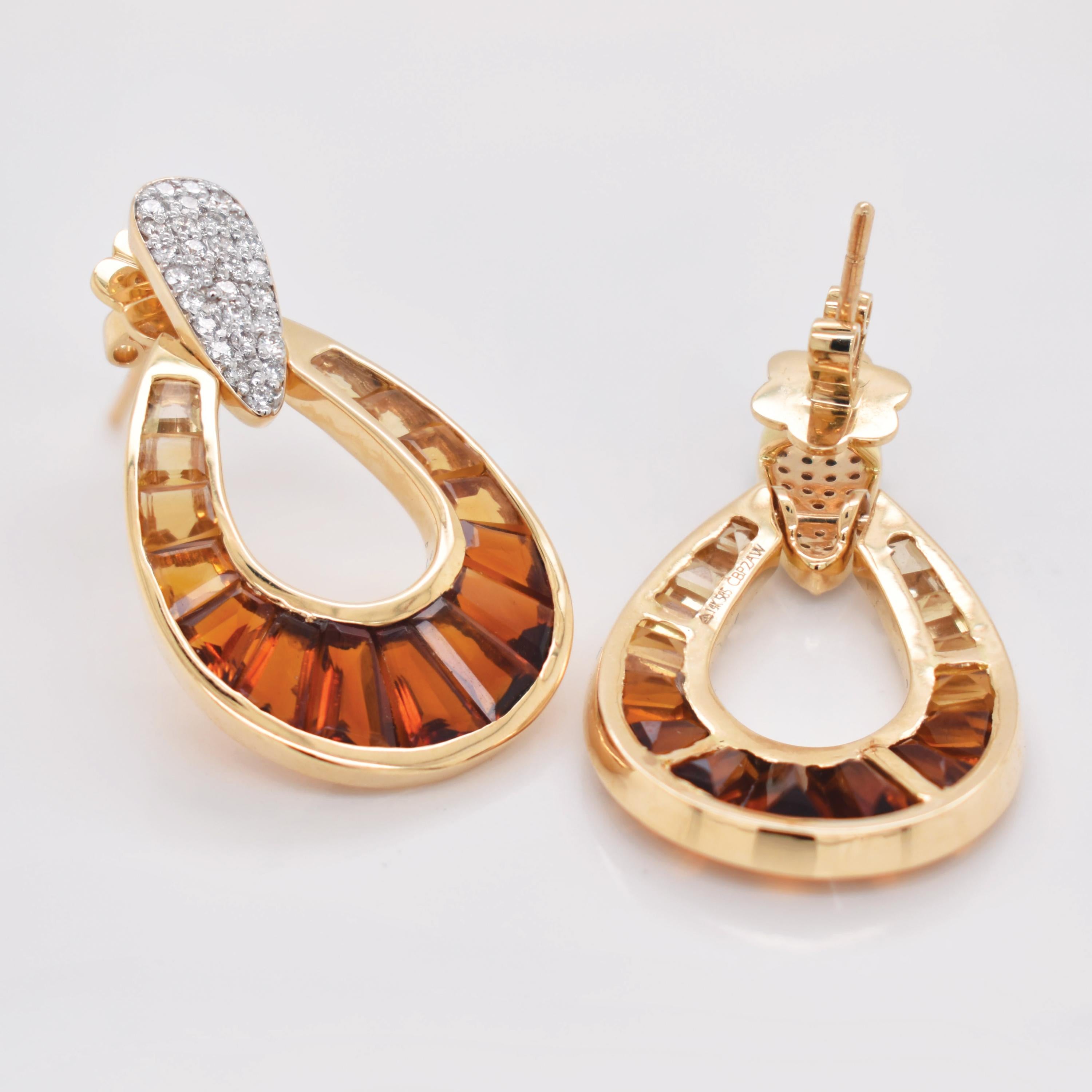 Boucles d'oreilles pendantes gouttes de pluie en or jaune avec citrine, baguette et diamant. en vente 7