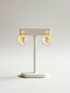 Citrine, bee and honey painting, Mother of pearl earrings studs.