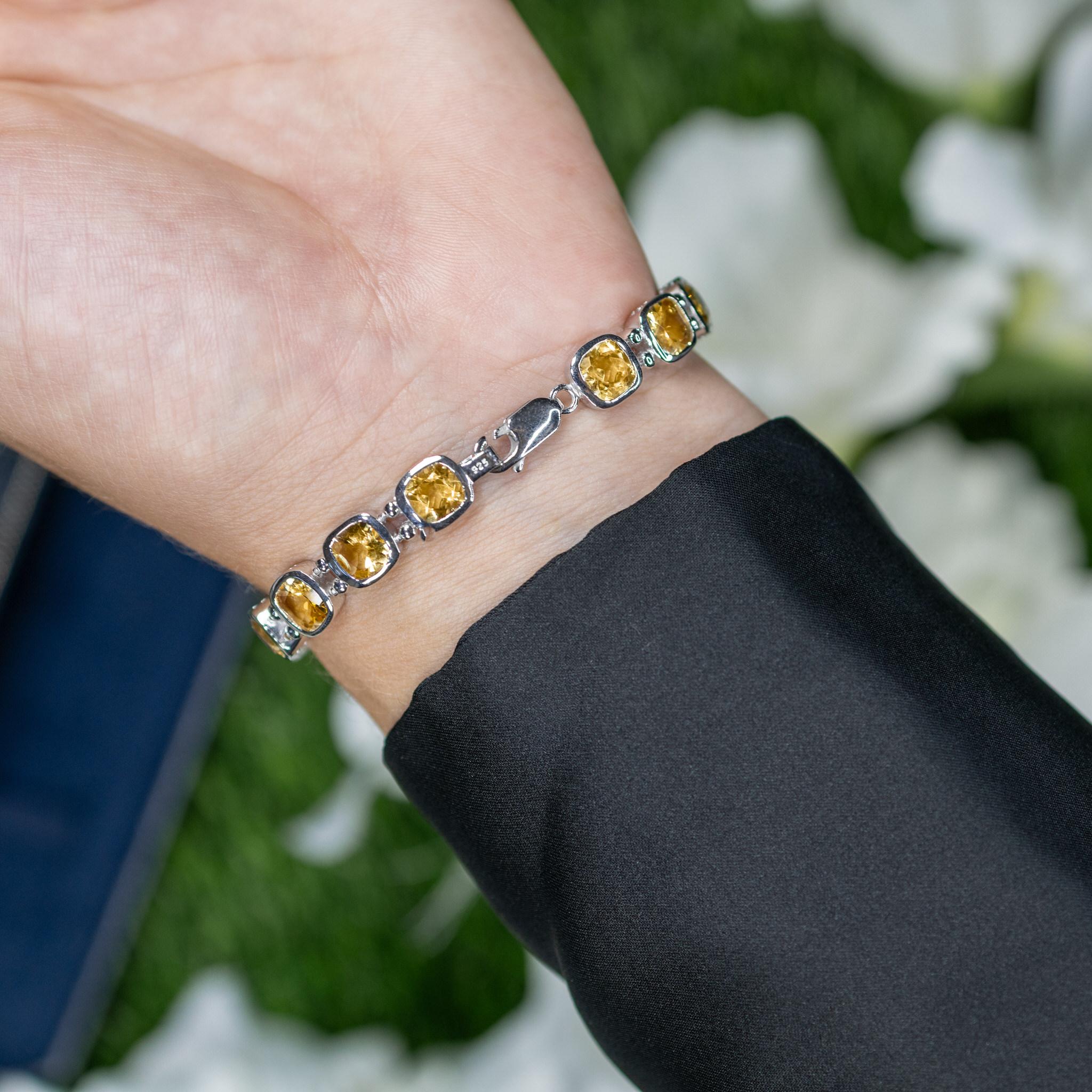 Pulsera de tenis con citrino engastado 12,9 quilates Plata de ley Corte cojín en venta