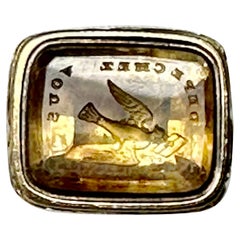 Citrine Bird Carrying Mail Fob Seal Pendant "Depeche Vous" "Hurry Up" Victorian