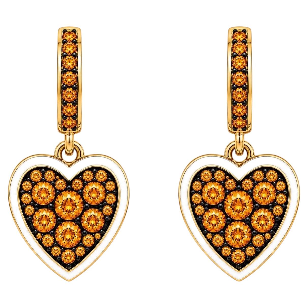 Orecchini a forma di cuore con citrino (pietra del mese), smalto bianco e oro 14 carati di Meghna Jewels