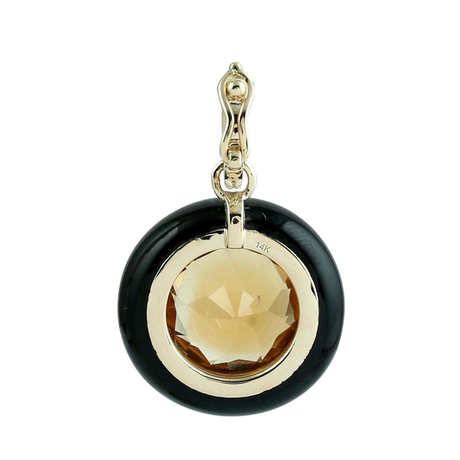 Art déco Pendentif en or jaune 14k avec citrine et émail noir et diamants en vente