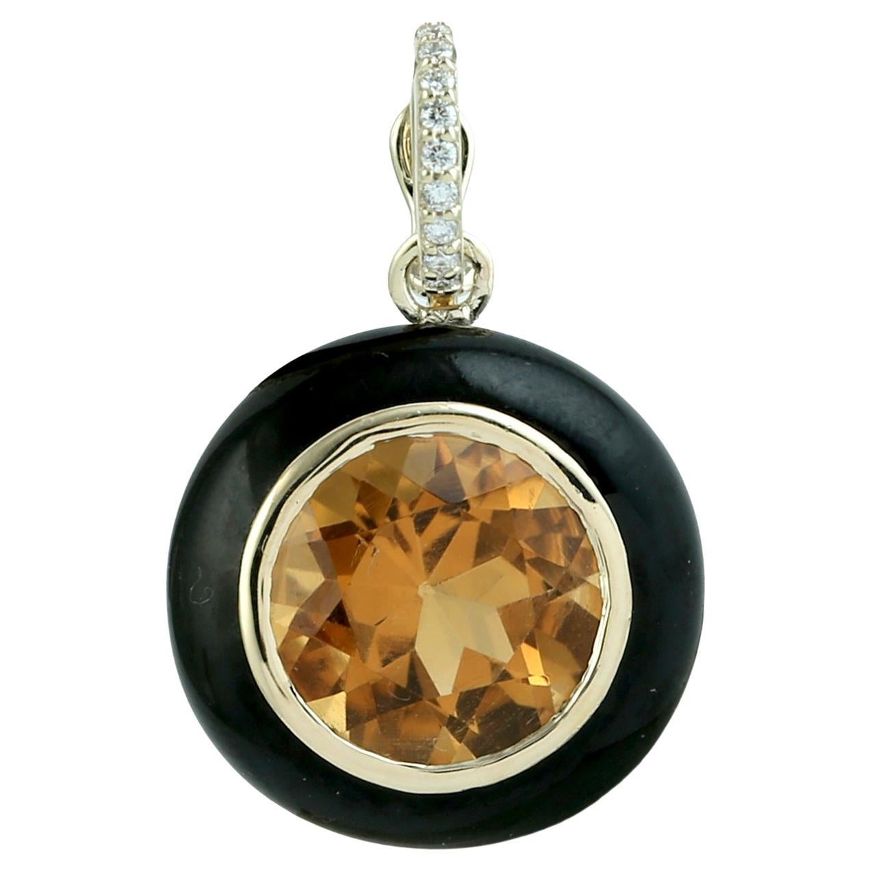 Pendentif en or jaune 14k avec citrine et émail noir et diamants
