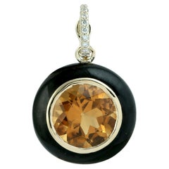 Citrine & Black Enamel 14k Yellow Gold Pendant With Diamonds