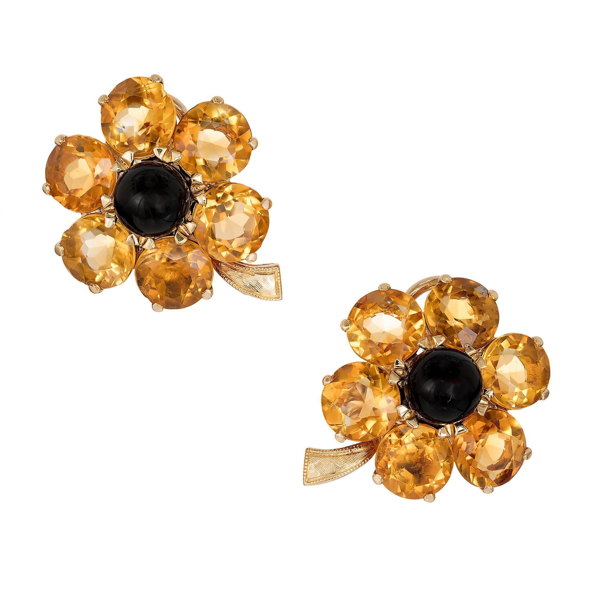 27.00 Carat Citrine Black Onyx Yellow Gold Flower Post Clip Earrings For Sale