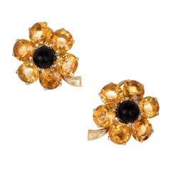 Retro 27.00 Carat Citrine Black Onyx Yellow Gold Flower Post Clip Earrings