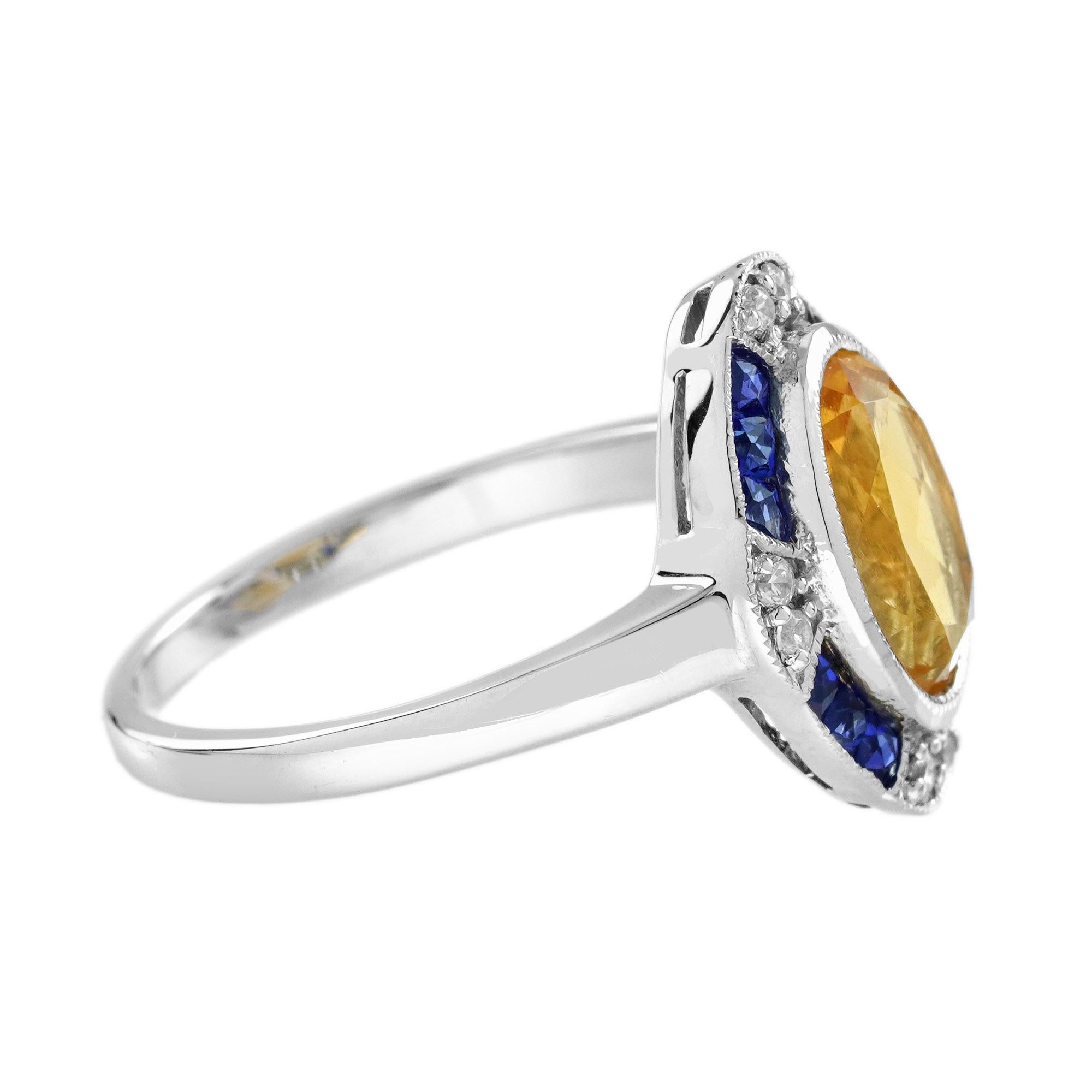 Citrine Blue Sapphire Diamond Art Deco Style Target Ring in 14K White Gold In New Condition For Sale In Bangkok, TH