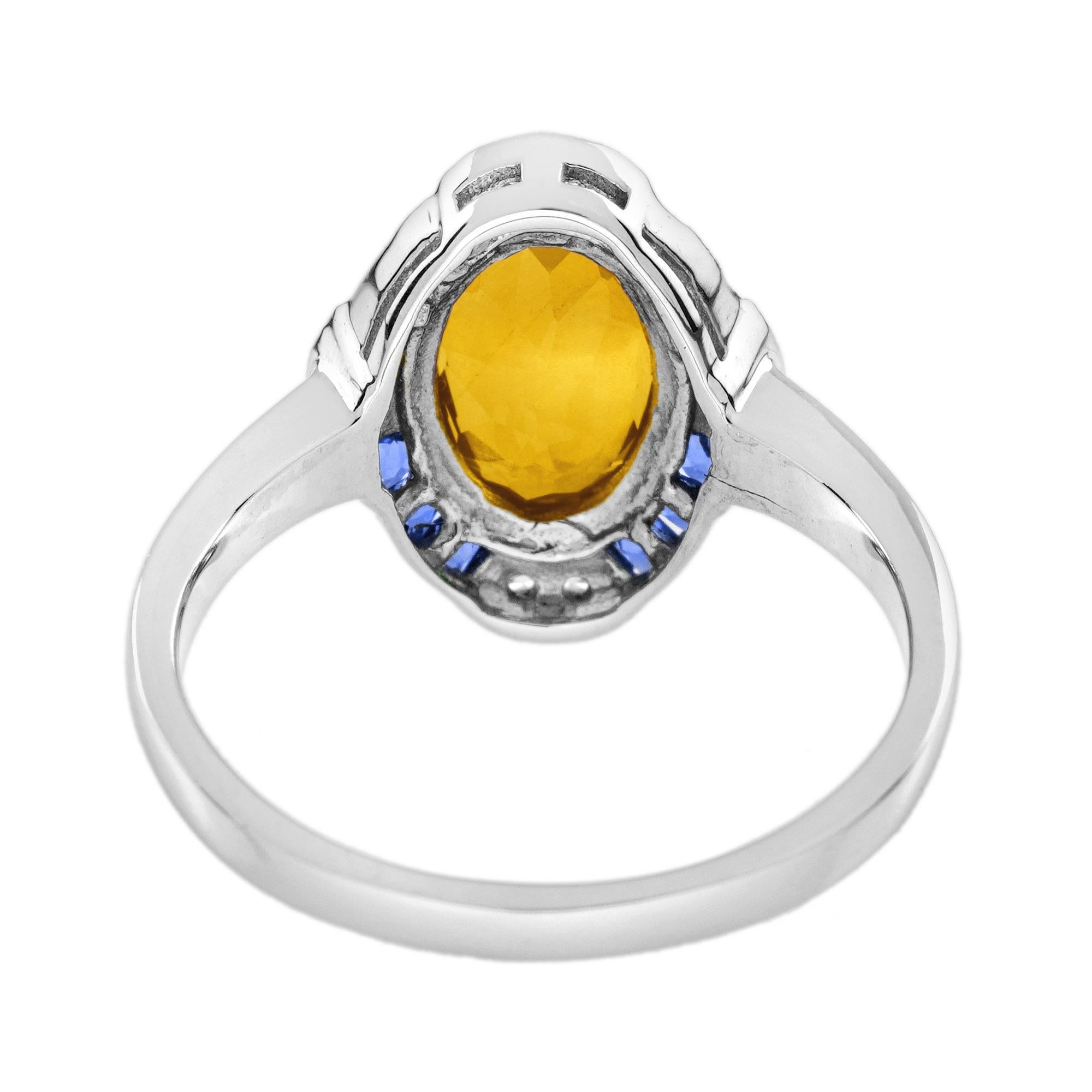 Women's Citrine Blue Sapphire Diamond Art Deco Style Target Ring in 14K White Gold For Sale