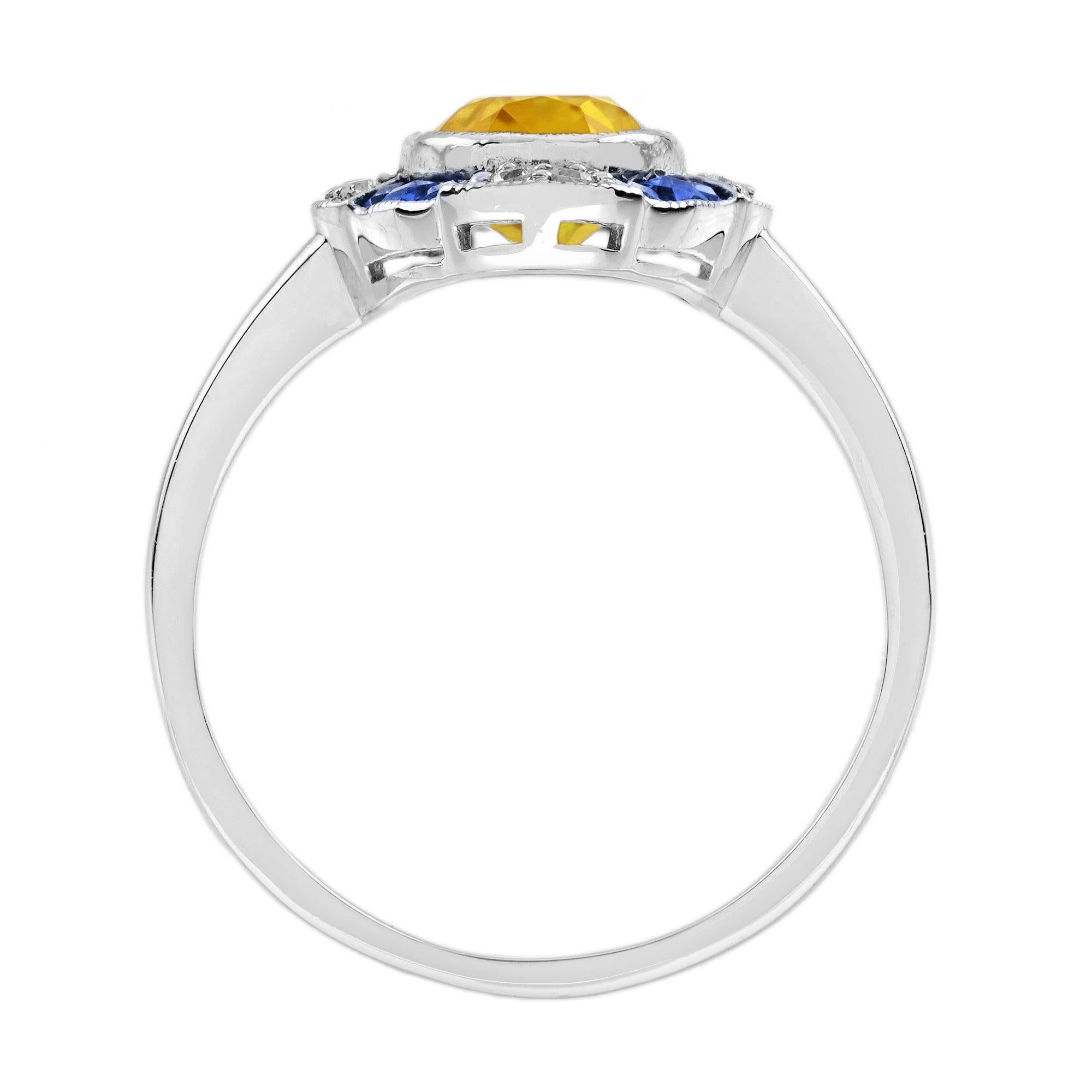 Citrine Blue Sapphire Diamond Art Deco Style Target Ring in 14K White Gold For Sale 1