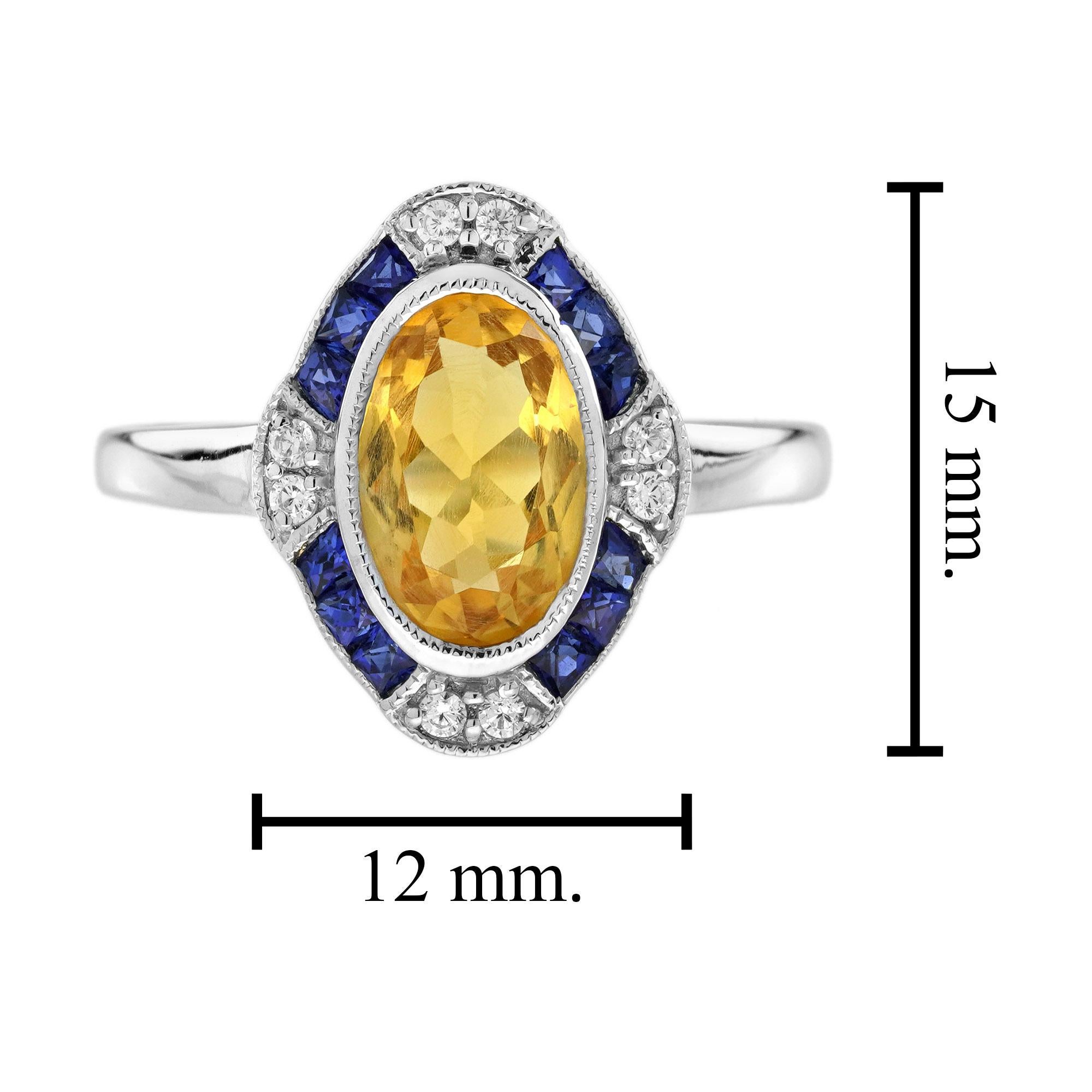 Citrine Blue Sapphire Diamond Art Deco Style Target Ring in 14K White Gold For Sale 2