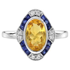 Zafiro Azul Citrino Diamante Anillo Blanco Estilo Art Decó en Oro Blanco de 14K