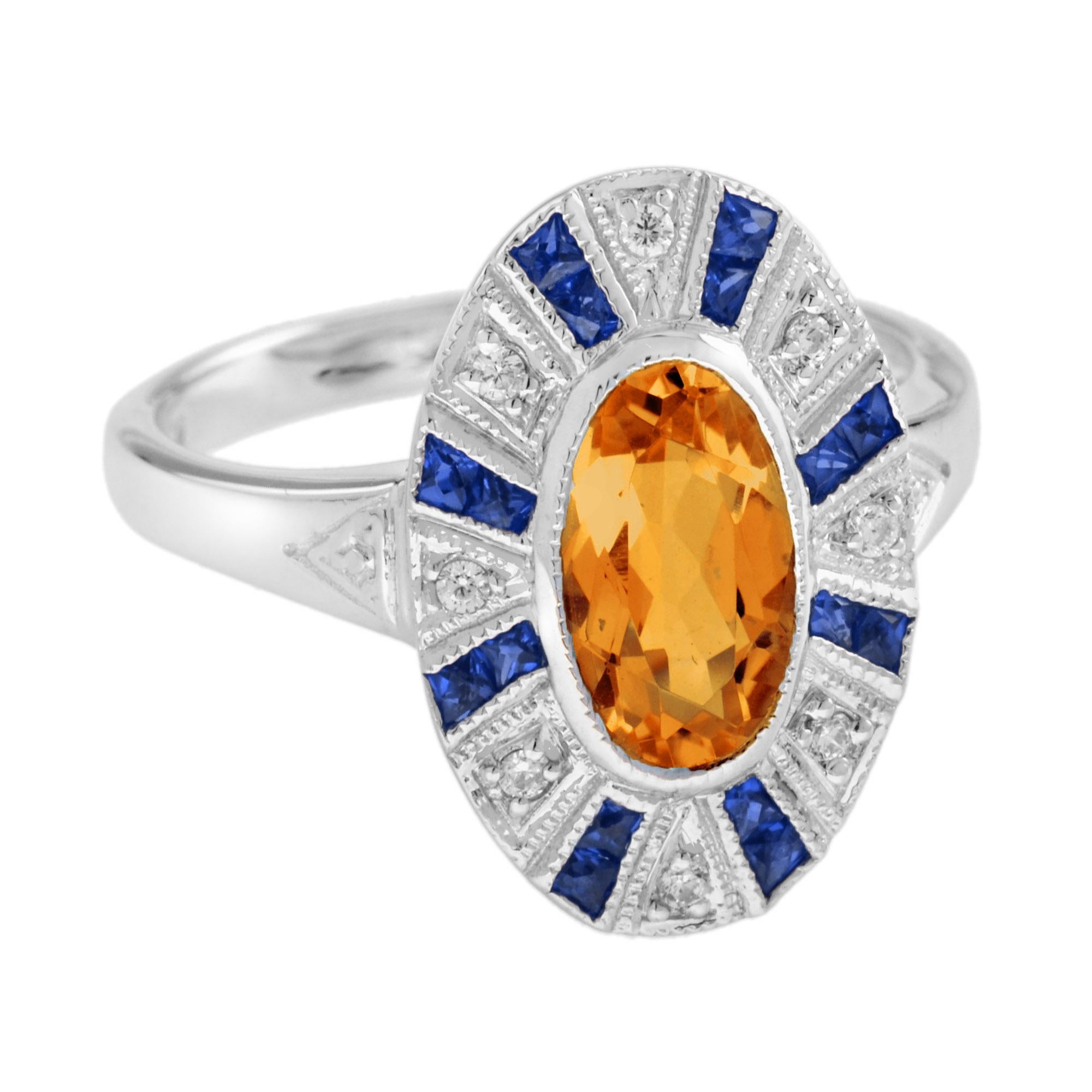 Art Deco Citrine Blue Sapphire Diamond Halo Ring in 14K White Gold For Sale