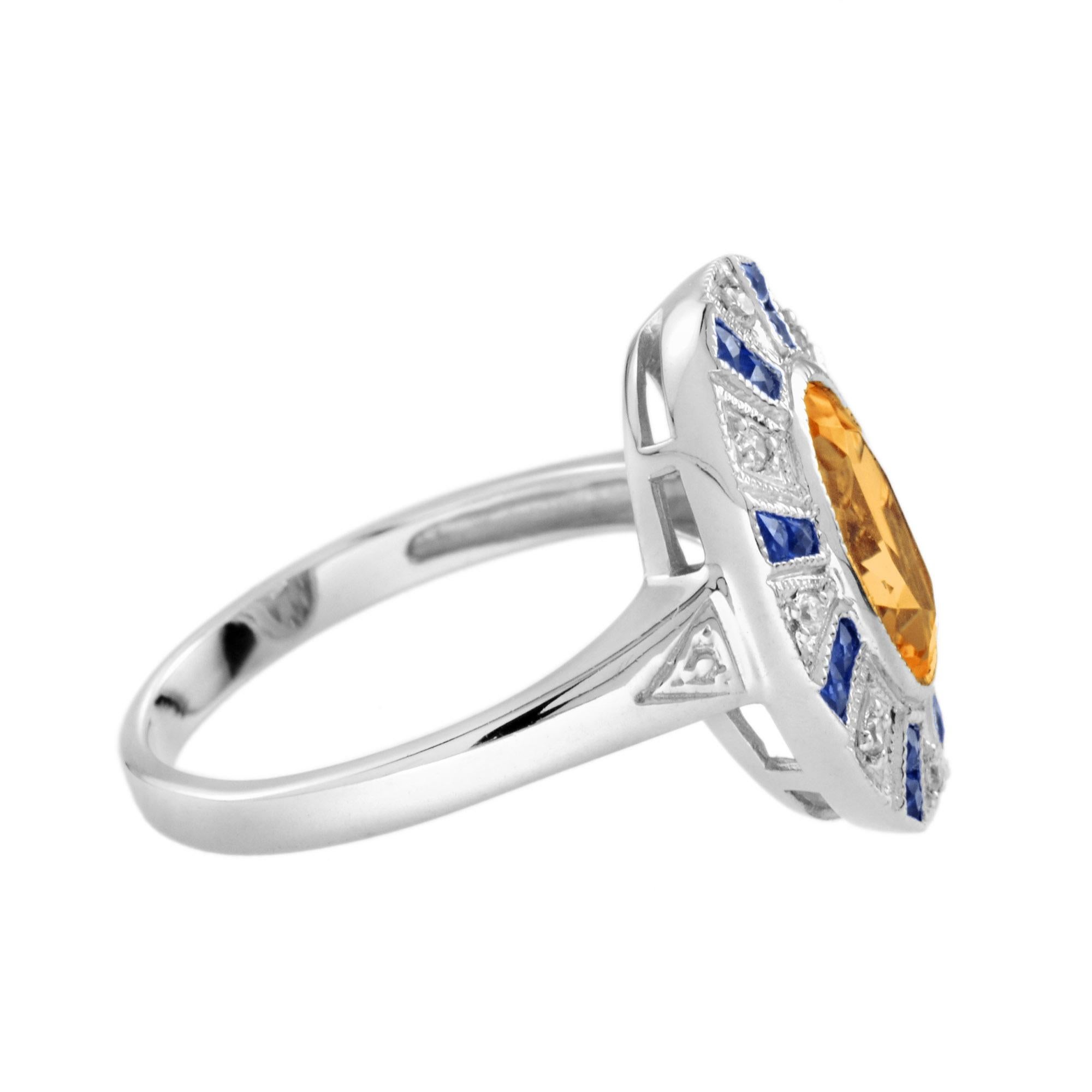 Oval Cut Citrine Blue Sapphire Diamond Halo Ring in 14K White Gold For Sale