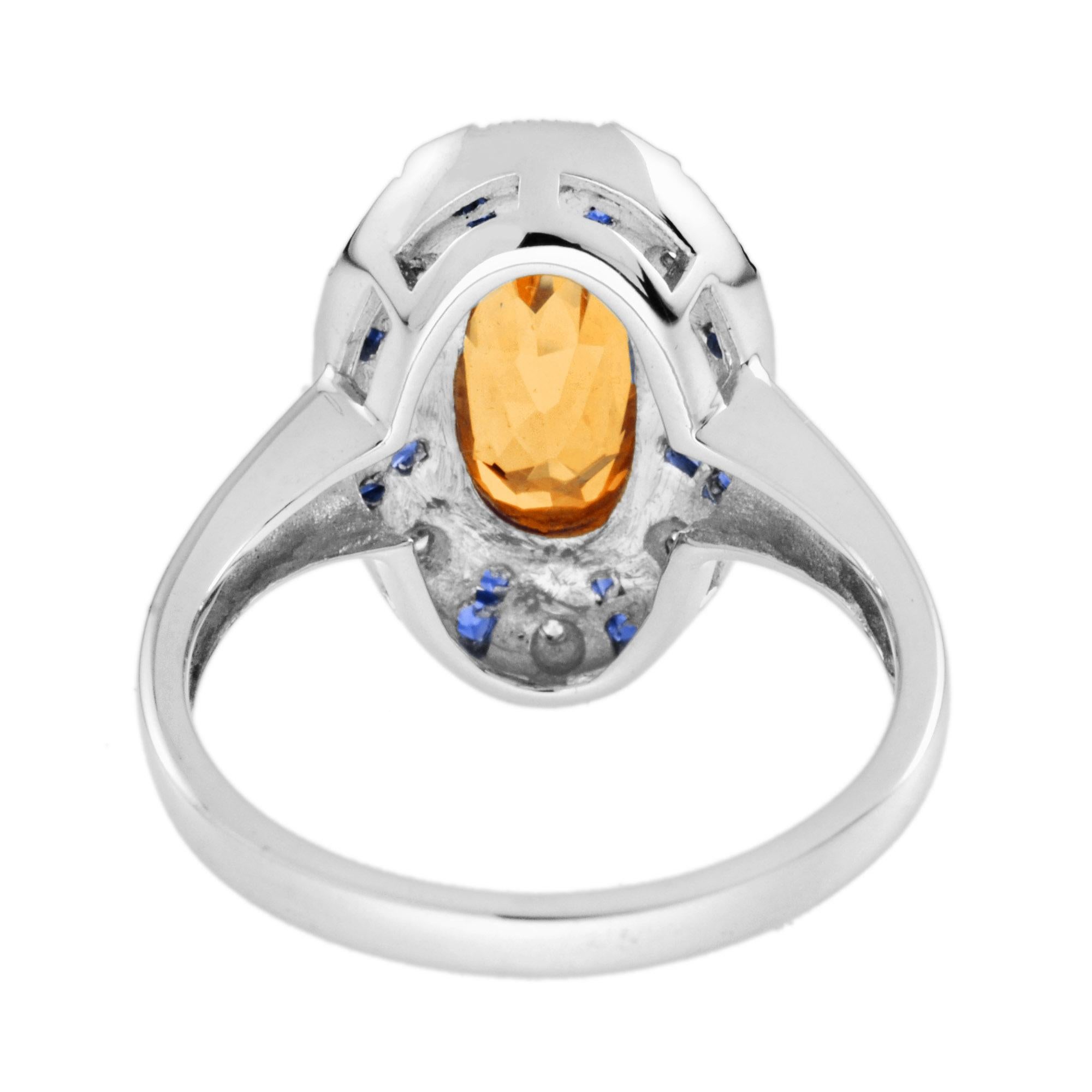 Citrine Blue Sapphire Diamond Halo Ring in 14K White Gold In New Condition For Sale In Bangkok, TH