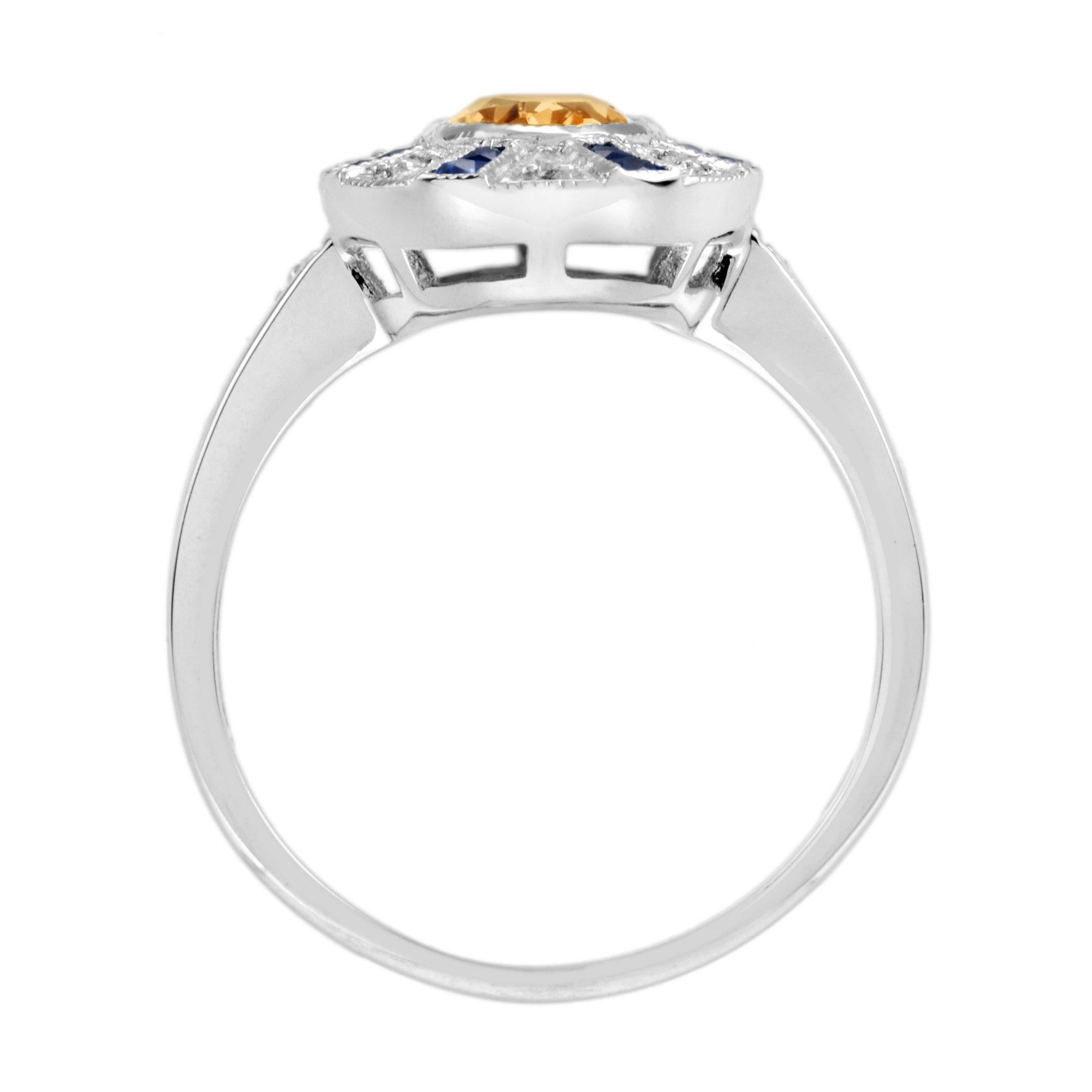 Women's Citrine Blue Sapphire Diamond Halo Ring in 14K White Gold For Sale