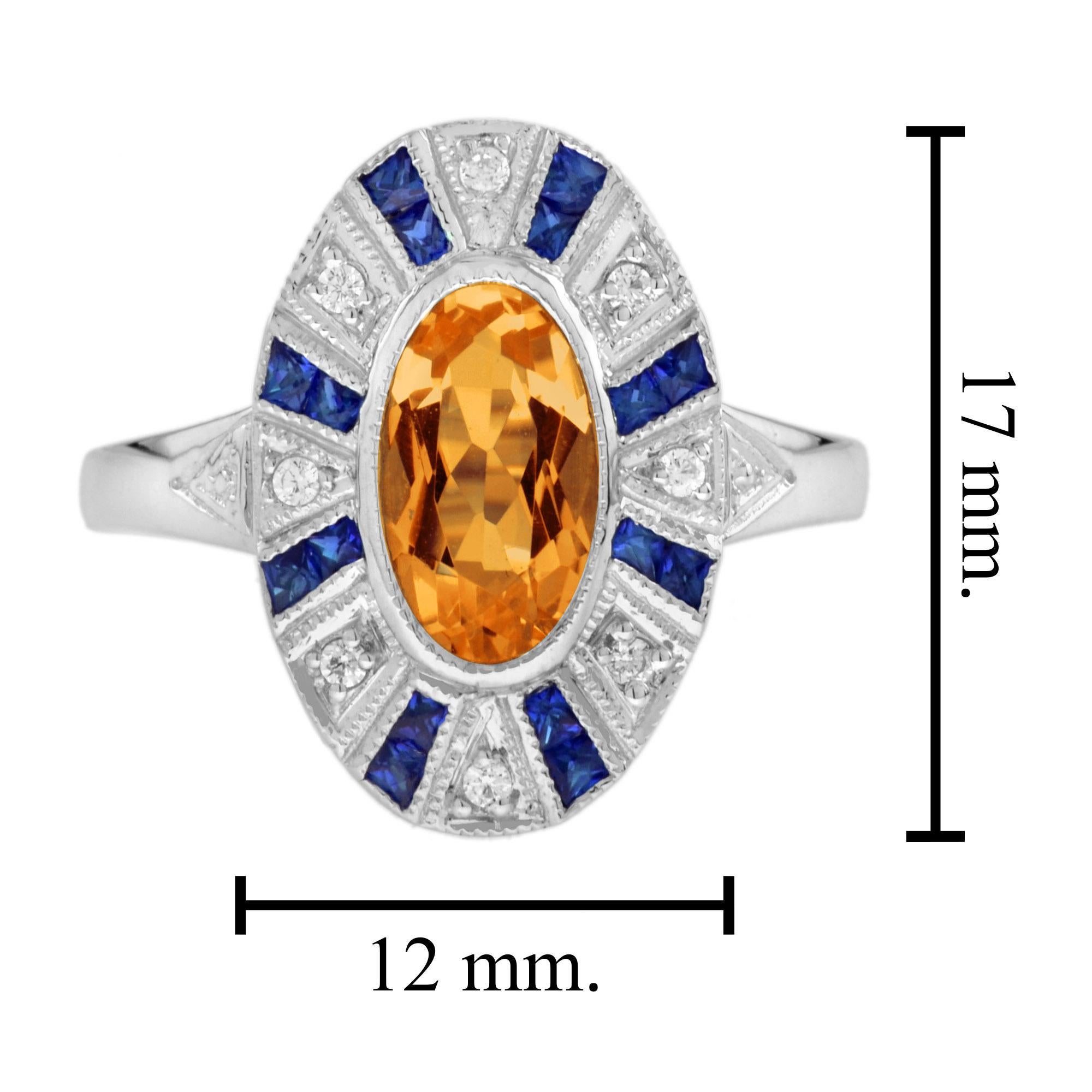 Citrine Blue Sapphire Diamond Halo Ring in 14K White Gold For Sale 1