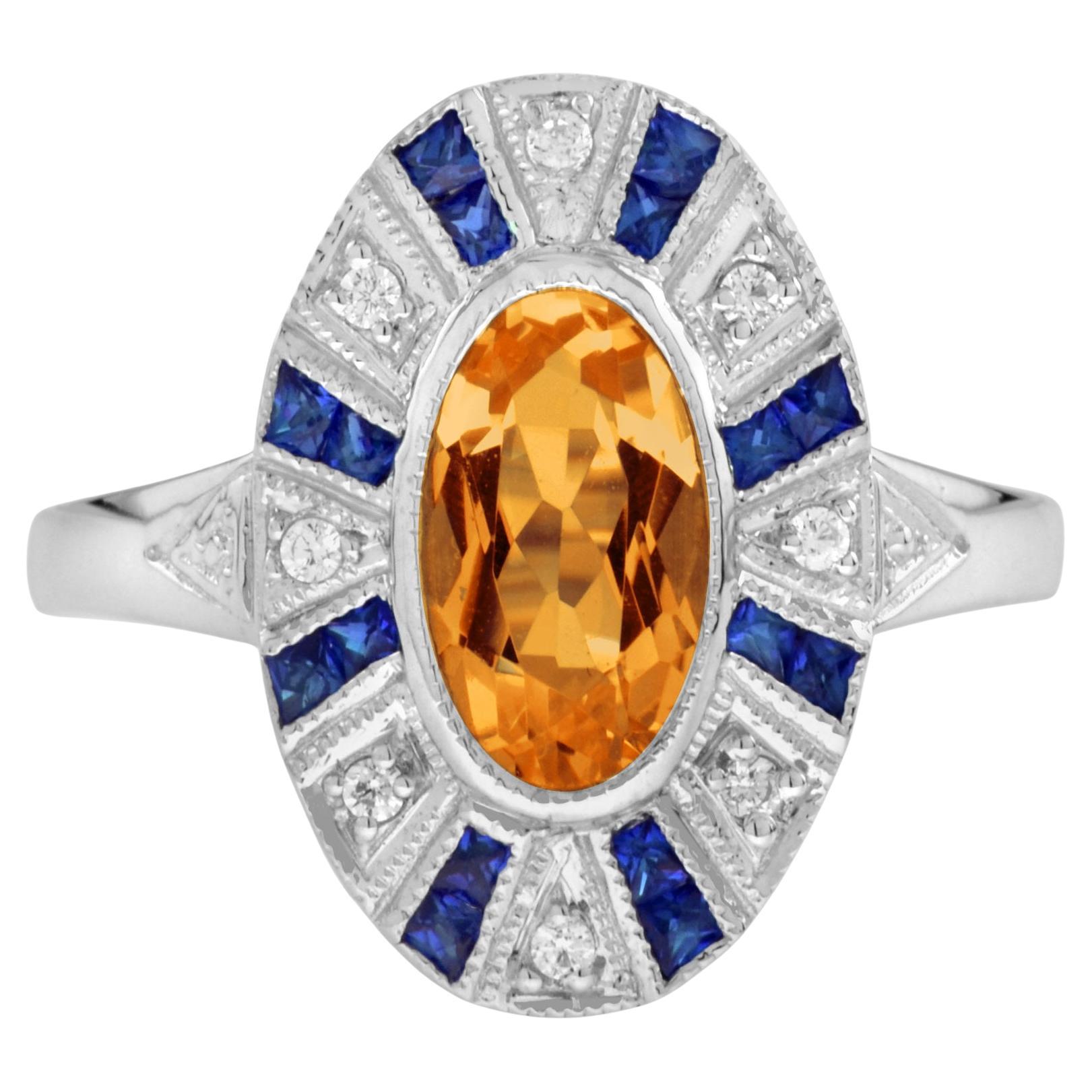 Citrine Blue Sapphire Diamond Halo Ring in 14K White Gold